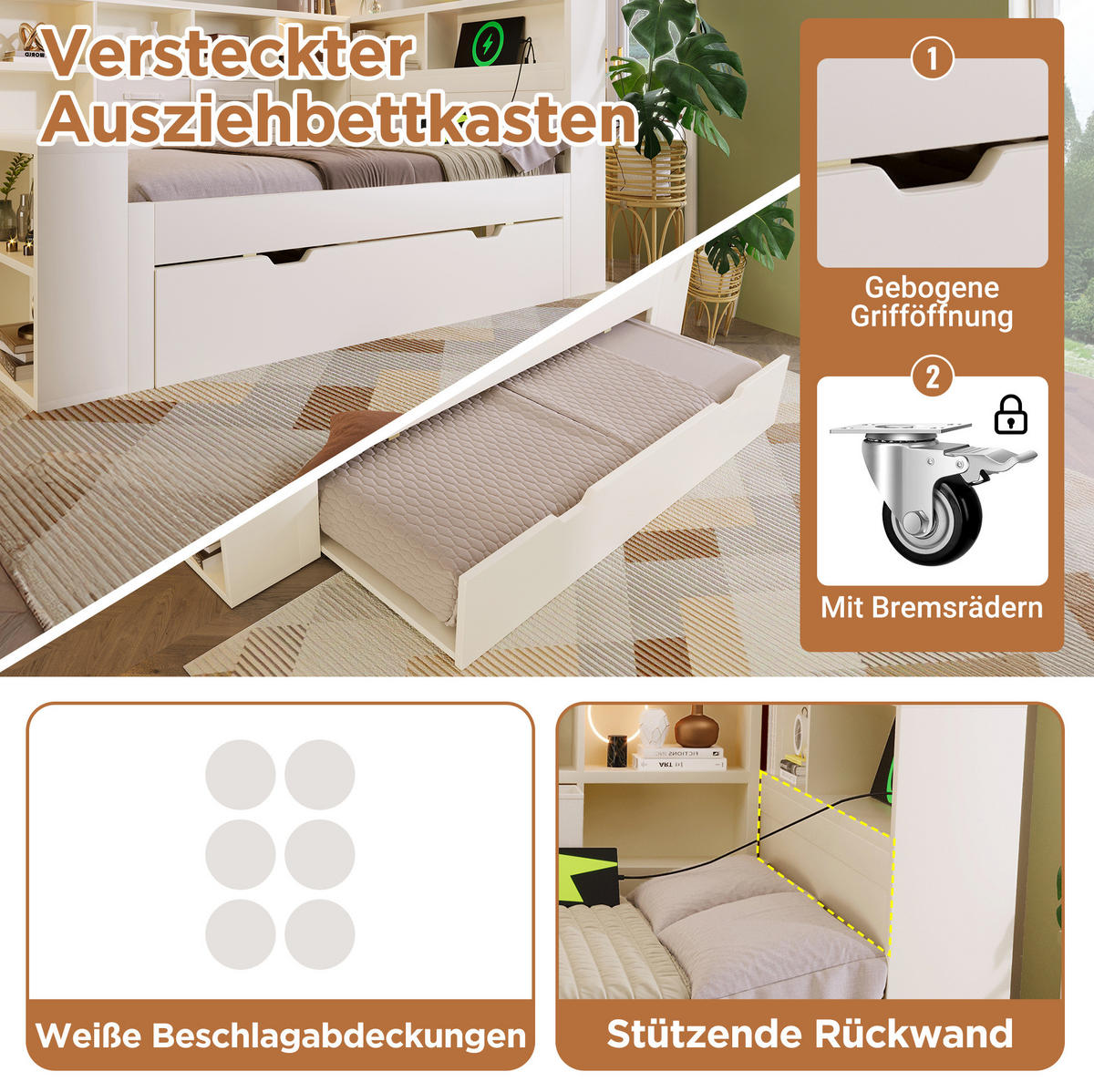 BETT 140/200 cm in Weiß mit Stauraum und USB- und Type-C-Anschlüssen - Weiß, Holz (140/200cm) - Flora Grace