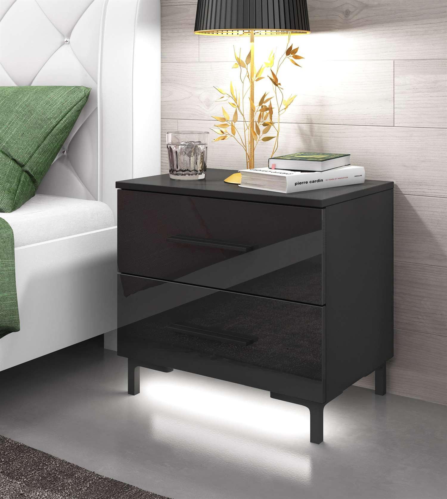 NACHTTISCH LINA mit Beinen, Hochglanz, LED - Schwarz, Holzwerkstoff (55/52/37cm) - Lookway