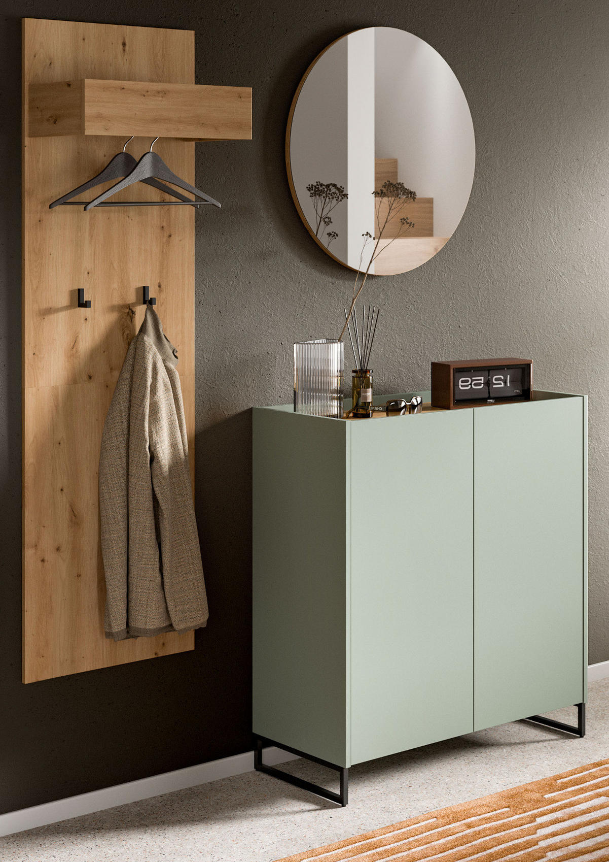 GARDEROBE-SET Salbei und Artisan Eiche, Garderobe 3-teilig, 155 x 197 cm, Soft-Close, Borga - Salbeigrün/Schwarz, Holzwerkstoff/Metall (155/197/38cm) - Inn.Furn