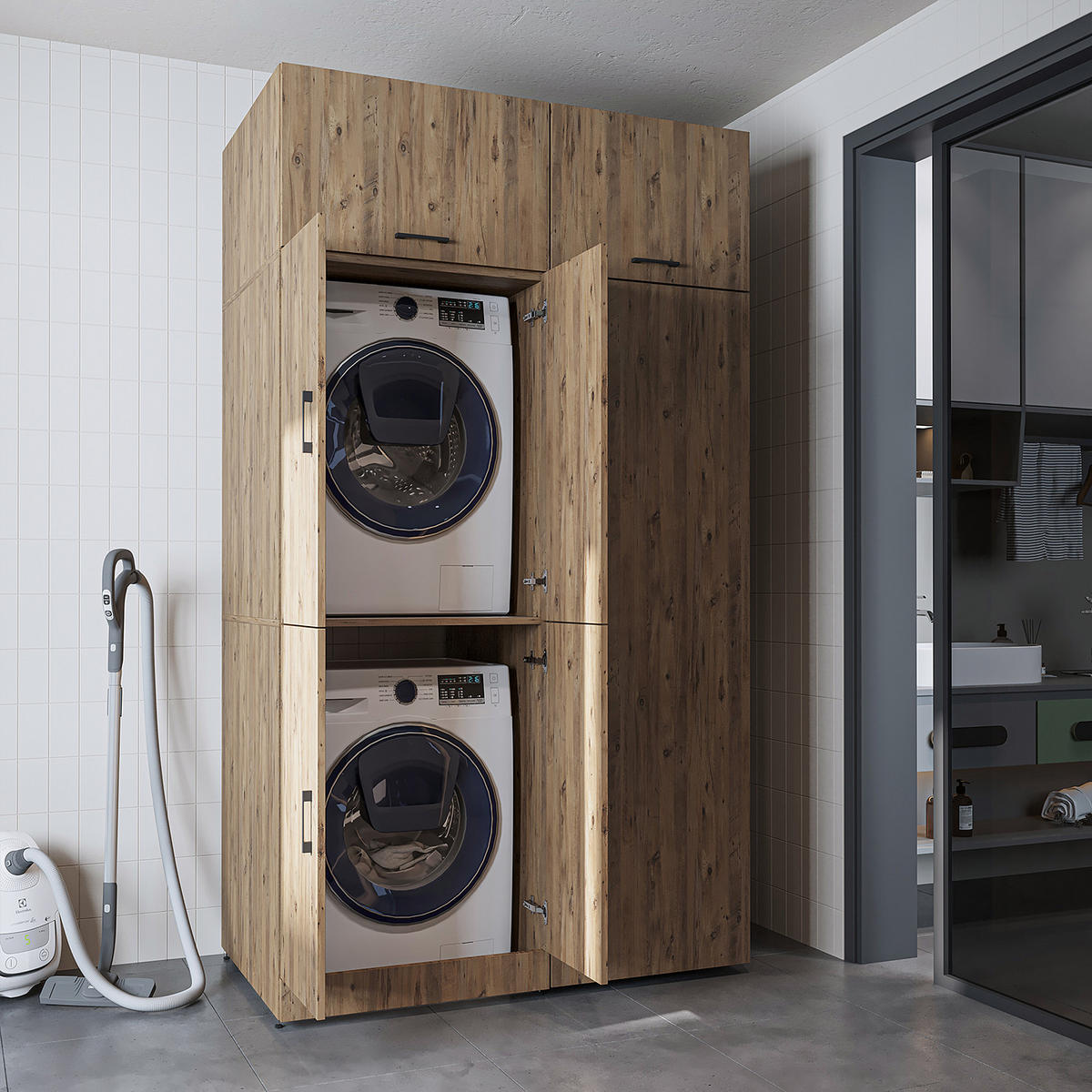 WASCHMASCHINENSCHRANK DORA-II 130cm Breit, 230cm Hoch - Eichefarben, Holzwerkstoff (130/230/73.8cm)