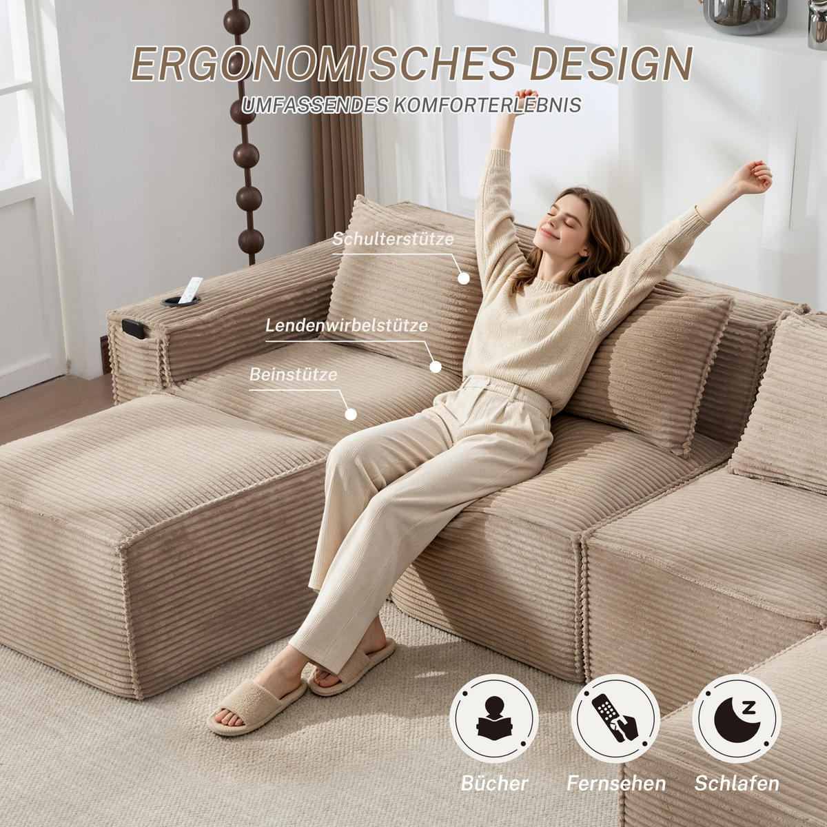 WOHNLANDSCHAFT 330/162/75 cm Khaki mit 2 Fußhocker, Getränkehalter und Seitentaschen - Sandfarben, Textil (330/75/162cm) - Oxeza
