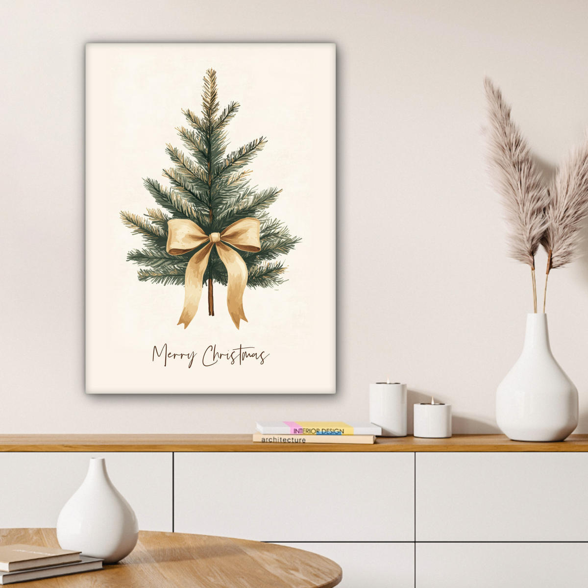 LEINWANDBILD Weihnachtsbaum - Weihnachten - Frohe Weihnachten - Beige Wandbild Wohnzimmer 60x80 cm - Sandfarben, Textil (60/80cm) - MuchoWow