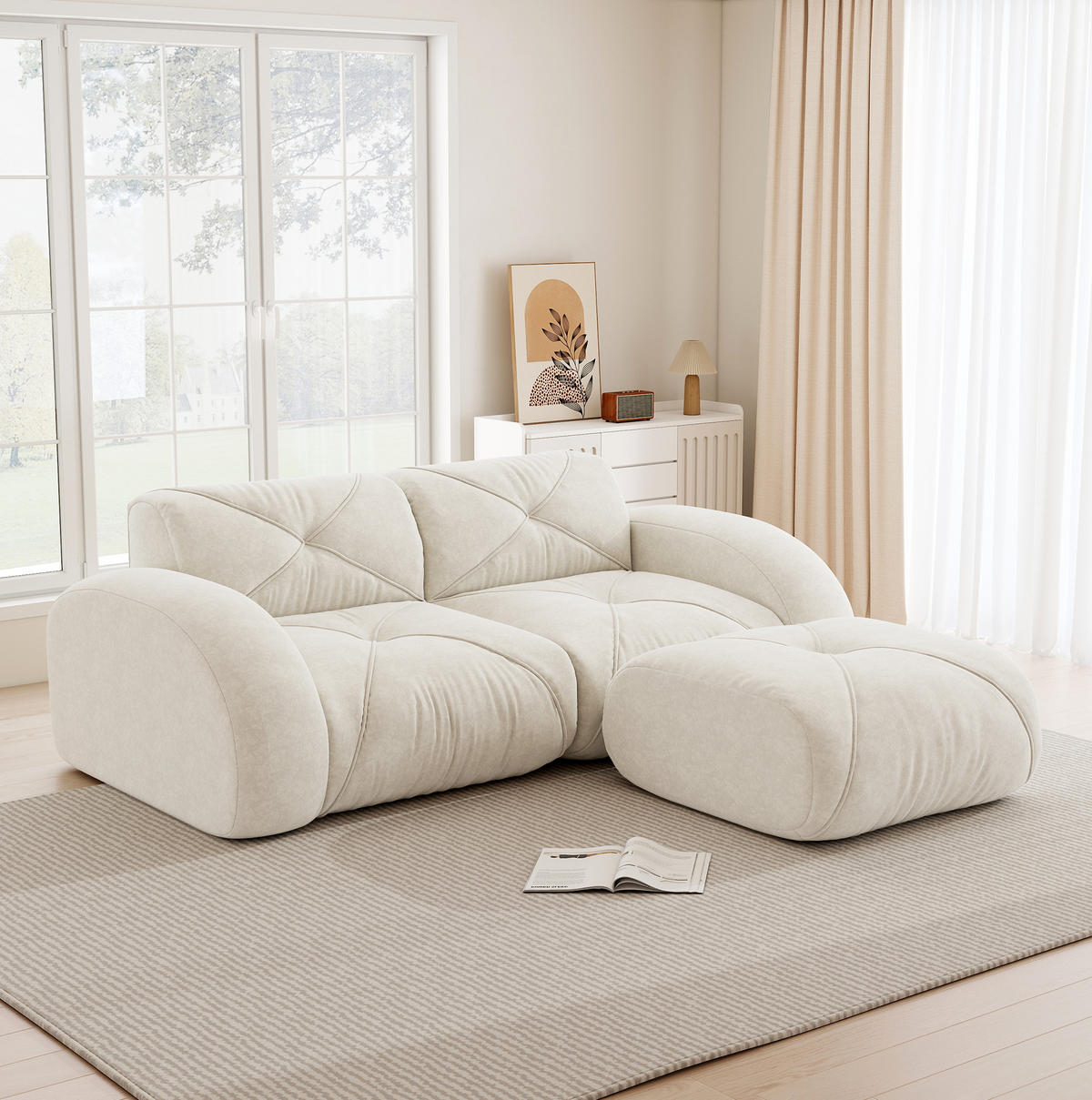 MODULSOFA 2-Sitzer mit Hocker, 32D-Schaumstoff und chenillebezogenem Komfort, Weiß - Weiß, Textil (204/76/171cm) - Redom