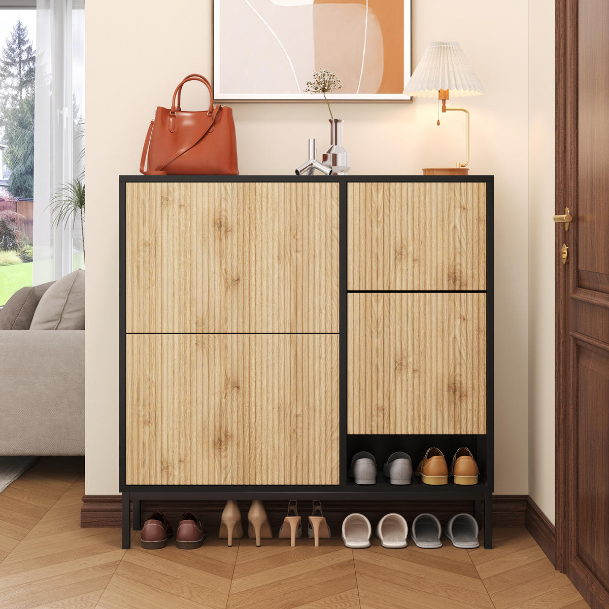 SCHUHSCHRANK 100/25/100 cm in Schwarz/Natur mit 3 Klappen und ausziehbarer Sitzbank - Schwarz, Holzwerkstoff (100/100/25cm) - Flora Grace