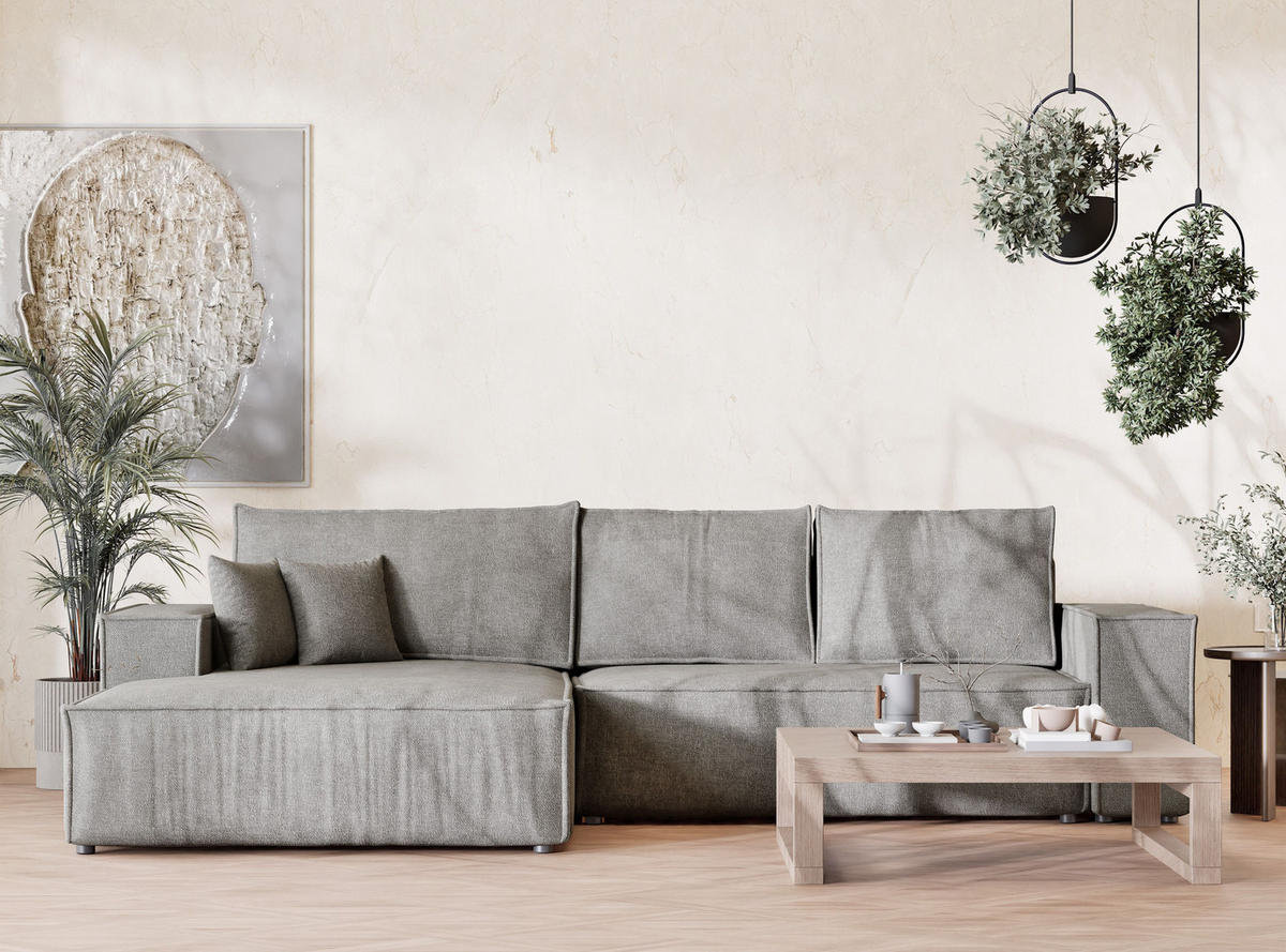 ECKSOFA Maze Beige grau Chenille-Stoff - Links Seite - Greige/Schwarz, Holz/Holzwerkstoff (185/294cm) - Maison de Reve