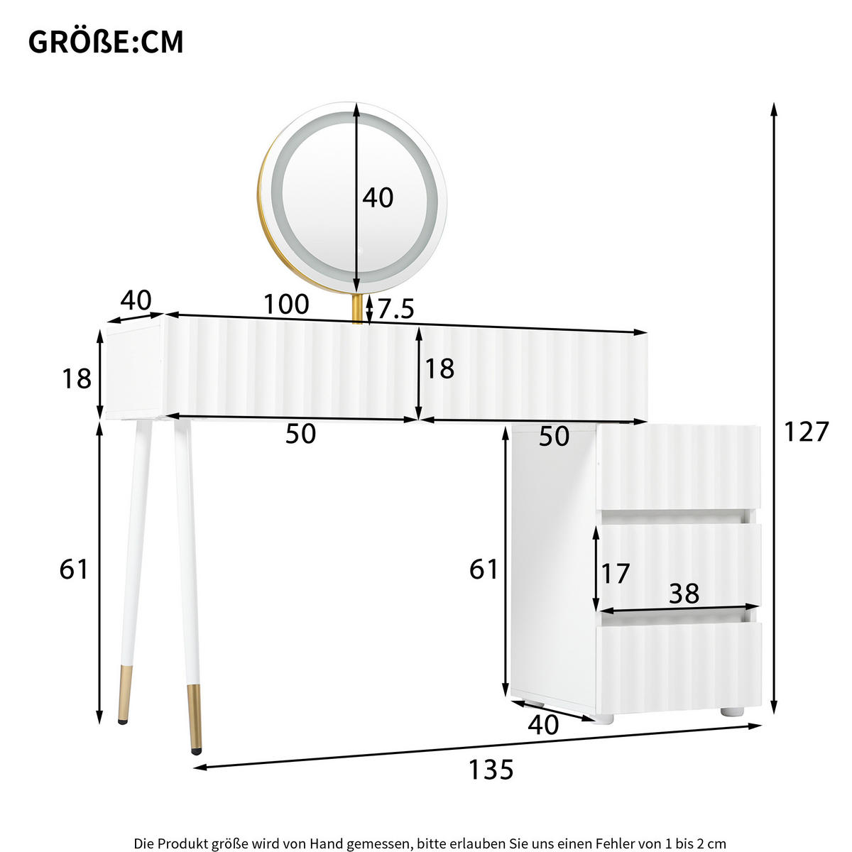 SCHMINKTISCH 100/40/127 cm in Weiß mit LED-Spiegel und 5 Schubladen - Weiß, Holzwerkstoff (40/127/135cm) - Flora Grace