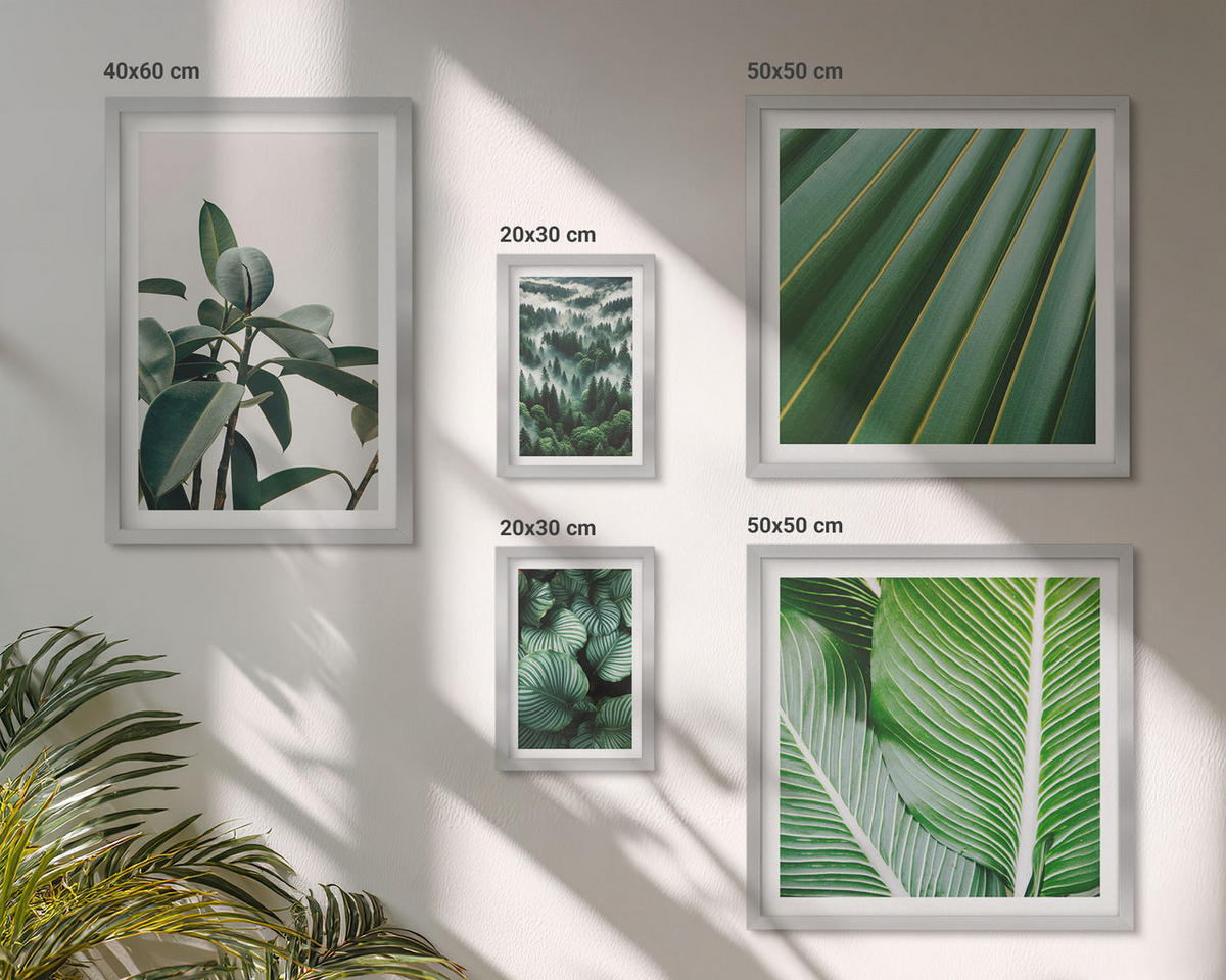 WANDBILDER 5er Set - 50x50 cm & 20x30 cm & 40x60 cm Silberner Rahmen - Tropische Blätter in Grün - Silberfarben, Kunststoff (40/60cm) - ArtPrintCave