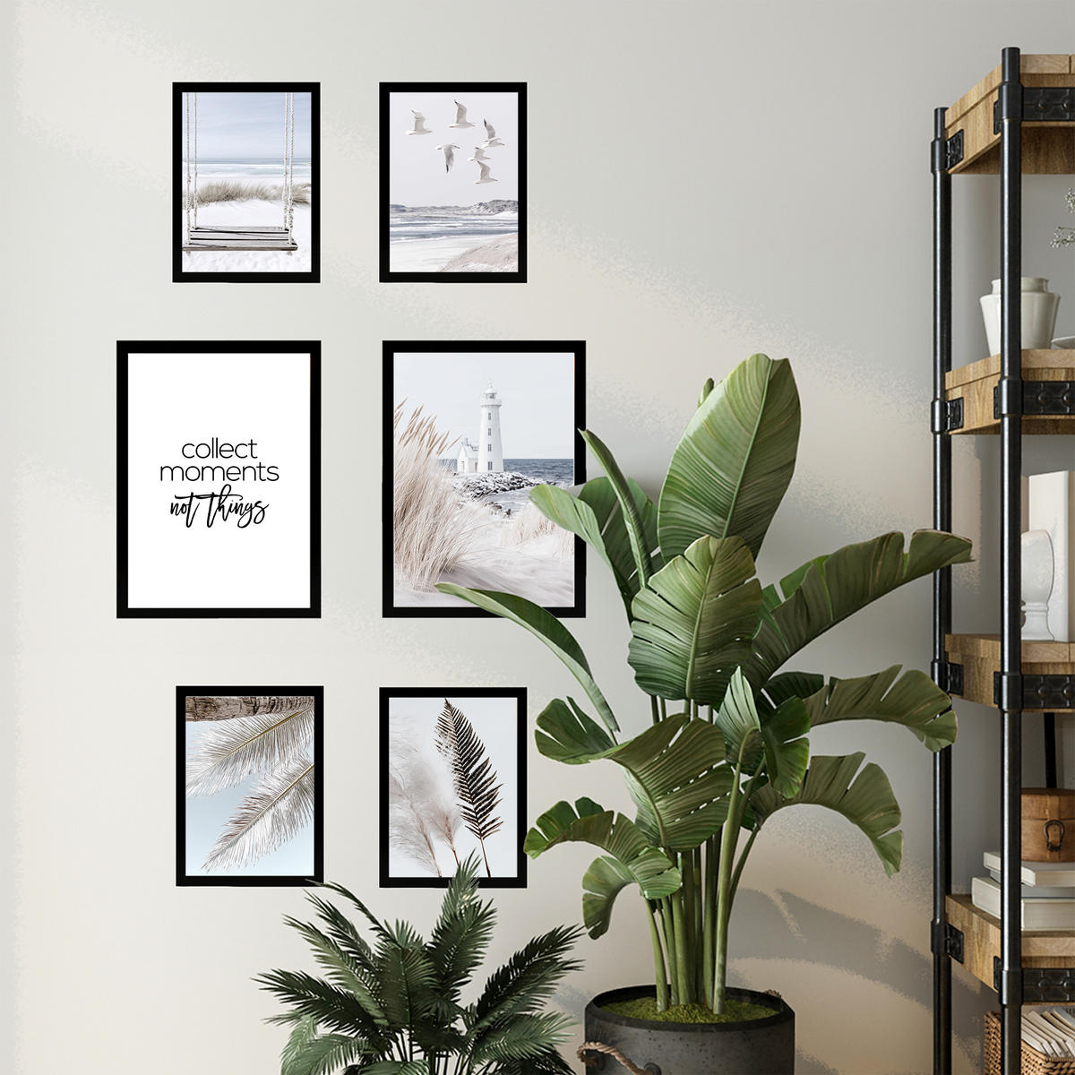 PLAKAT 6 moderních dekorativních maleb moře, pláže, západu slunce. Dekorativní krajinářské plakáty. Černý rám velikosti A3 & A4 - černá, papír (29.7/42/3cm) - Nacnic