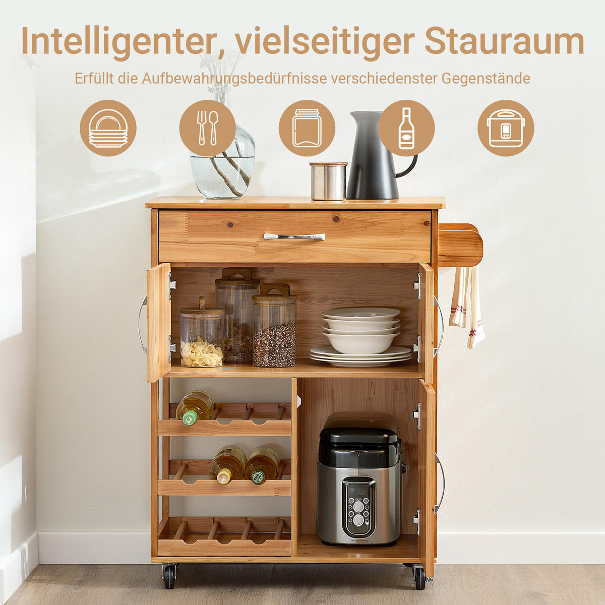 SERVIERWAGEN aus Holz, 66×86×38cm - Naturfarben, Holz (66/86/38cm) - SoBuy