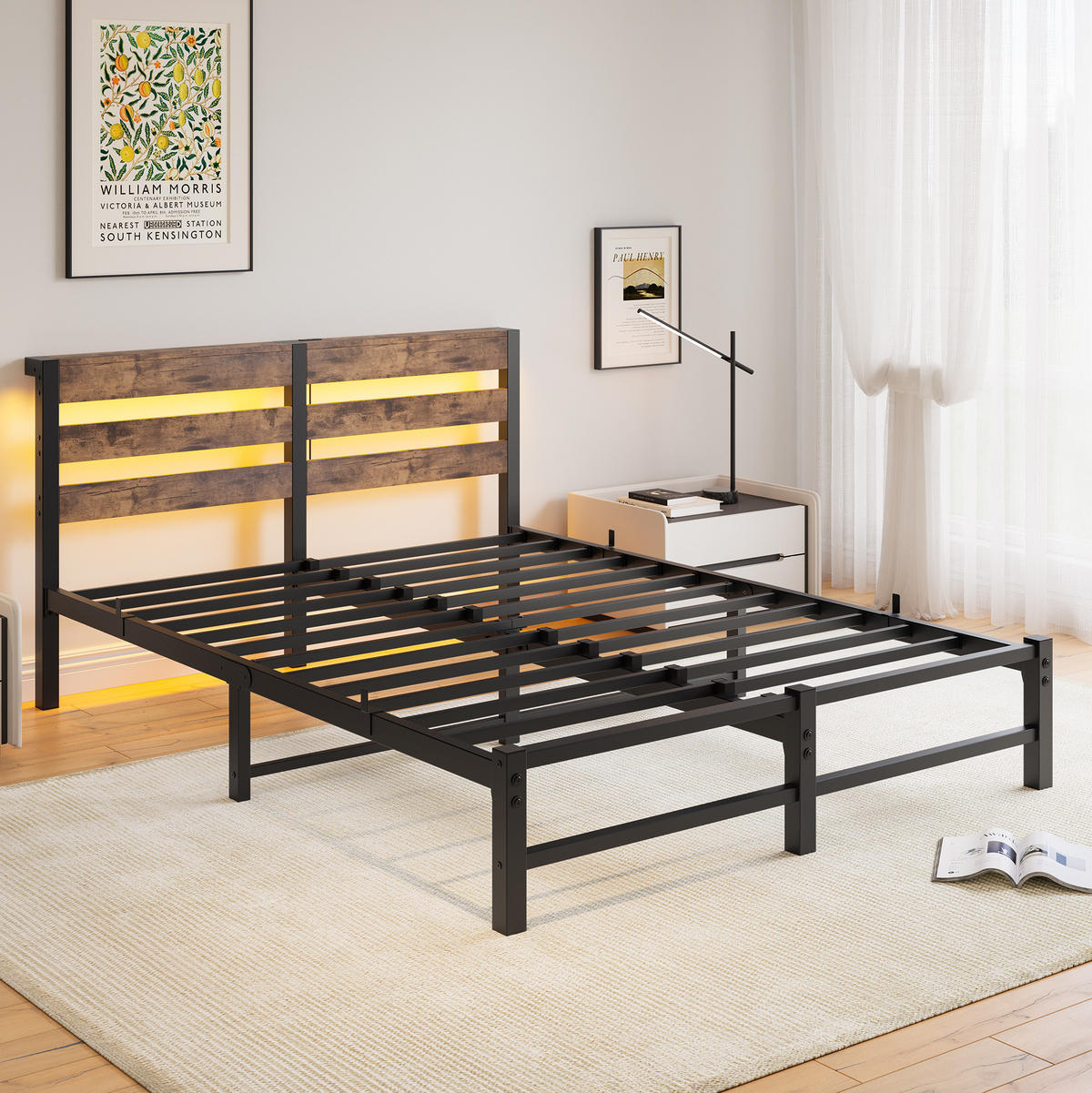 METALLBETT 140x200 cm LED USB Stauraum - Schwarz, Metall (140/200cm) - LEBENLANG