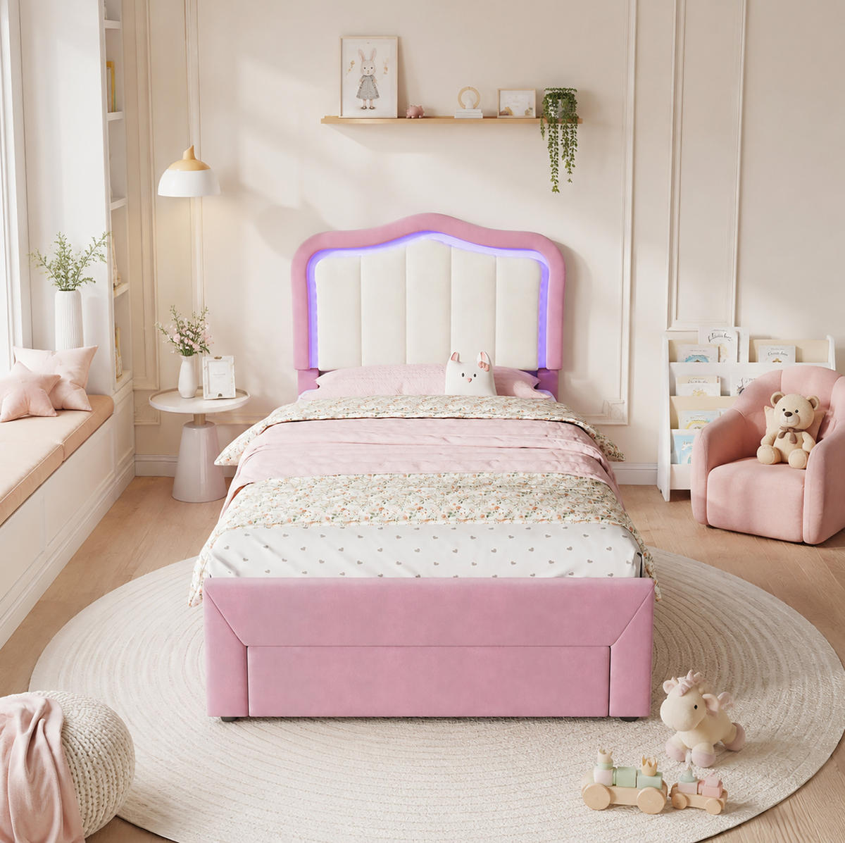 KINDER-POLSTERBETT aus Samt 90x200 cm Rosa mit Schublade und app-gesteuerter LED-Beleuchtung - Pink, Textil (90/200cm) - Modfu