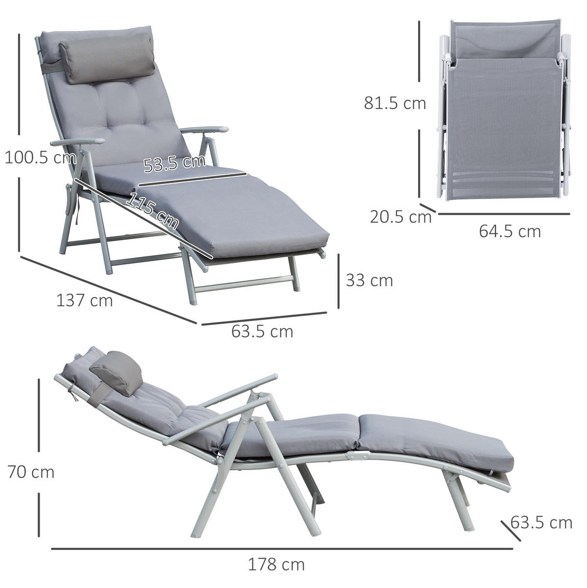 SONNENLIEGE aus Metall 137x63,5x100,5 cm in Grau mit 7-fach verstellbarer Rückenlehne - Grau, Metall (63.5/100.5/137cm) - Modfu