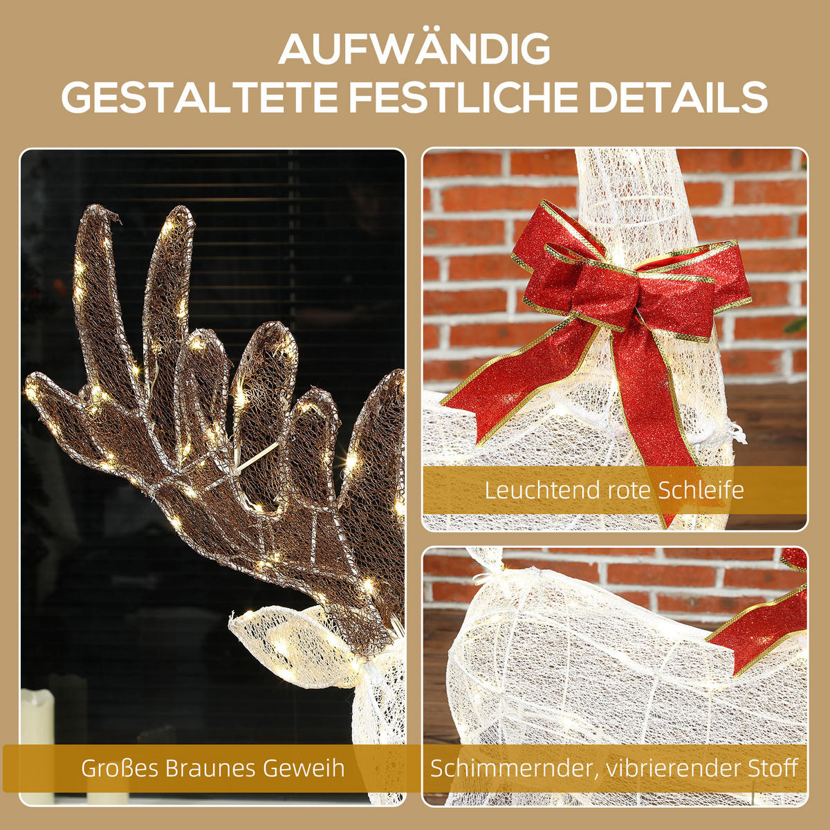 137ER LED Rentier, Weihnachtsdeko in warmweiß, Weihnachtsbeleuchtung - Silberfarben, Textil (25/135/66cm) - Outsunny