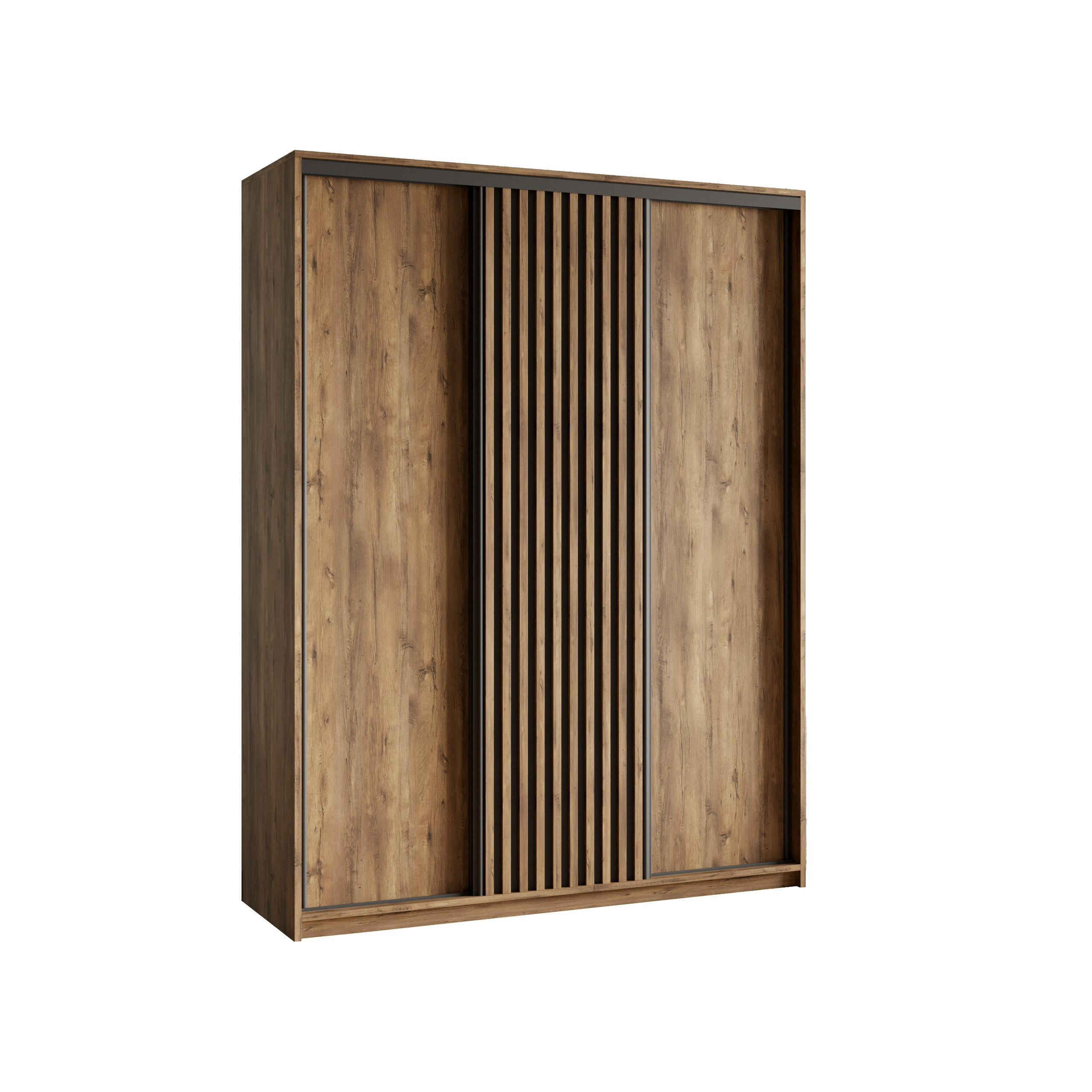 SCHWEBETÜRENSCHRANK VONTE 150/205/60 cm 3-türig mit Lamellen Eiche Lefkas - Eichefarben/Schwarz, Holzwerkstoff (150/205/60cm) - MASSENO
