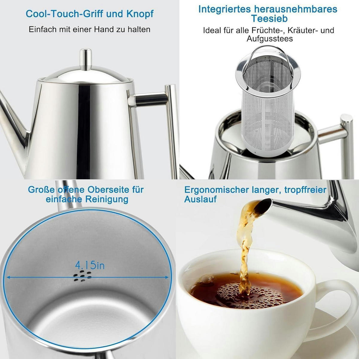TEEKANNE doppelwandig Edelstahl 1000 ml - Silberfarben, Metall (14.5/19cm)
