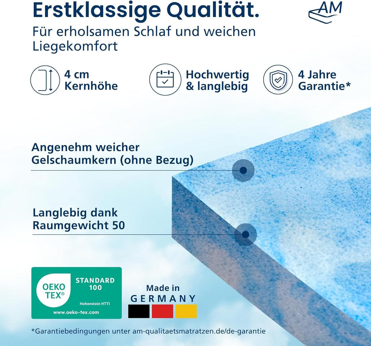 GELTOPPER ohne Bezug 140/200 cm - 4cm Höhe - Blau, Textil (140/200cm) - AM Qualitätsmatratzen
