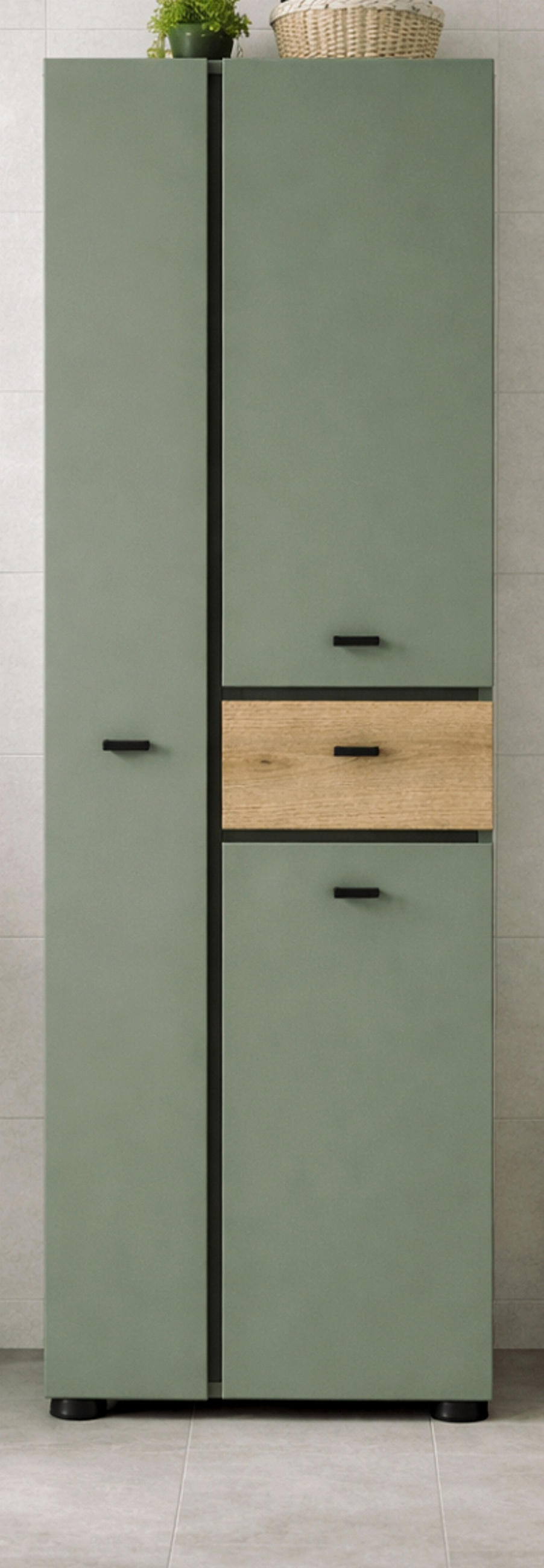 HOCHSCHRANK grün, Evoke Eiche 51 x 191 cm, Badschrank mit viel Stauraum - Eichefarben/Schwarz, Holzwerkstoff/Kunststoff (51/30/191cm) - Inn.Furn
