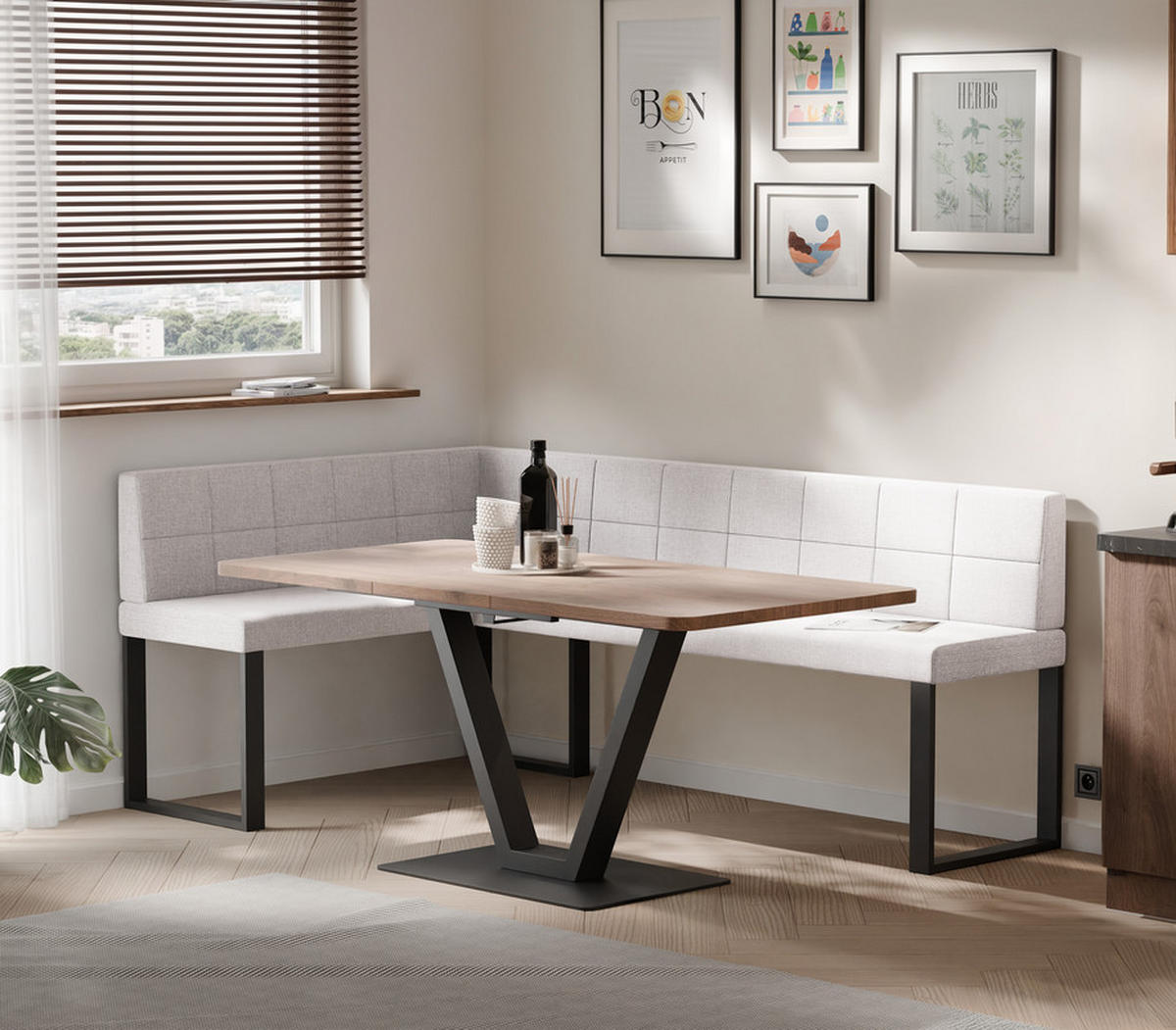 ECKBANK links SANA U Webstoff gesteppt, 128/168 cm Beige - Beige, Textil/Metall (128/168cm) - Idohome
