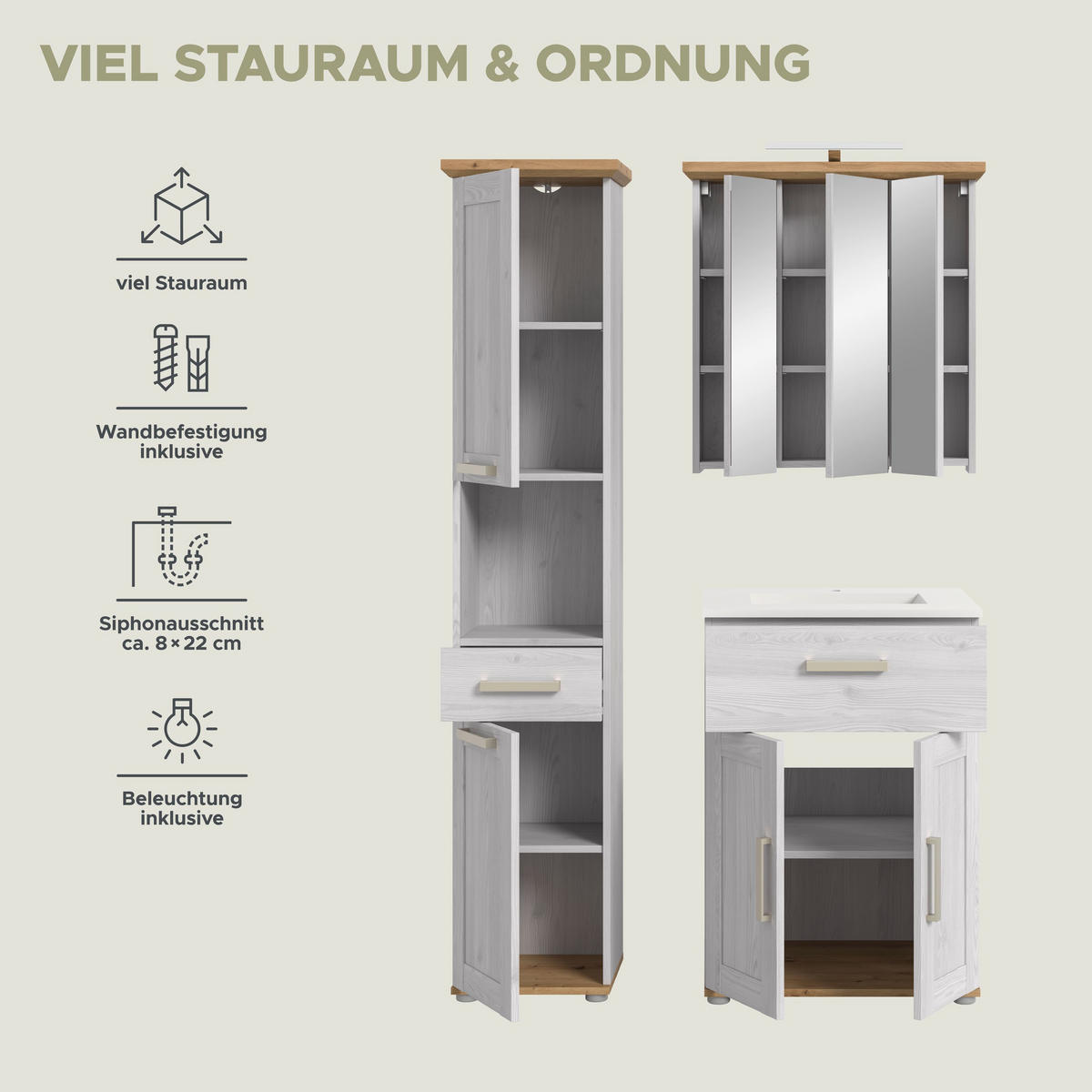 BADEZIMMER inkl. Beleuchtung Siena 5-tlg. (B/H/T: ca. 115/187/45 cm) in Sibiu Lärche /Sibiu Lärche - Lärchefarben, Holzwerkstoff (115/187/45cm)