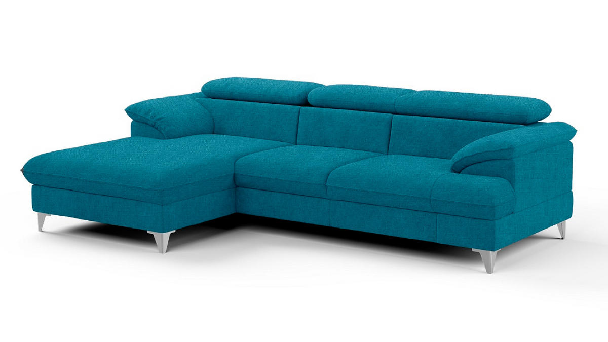 ECKSOFA mit Schlaffunktion und Bettkasten, verstellbare Kopfstützen - Chromfarben/Blau, Textil/Metall (254/167cm) - Cotta