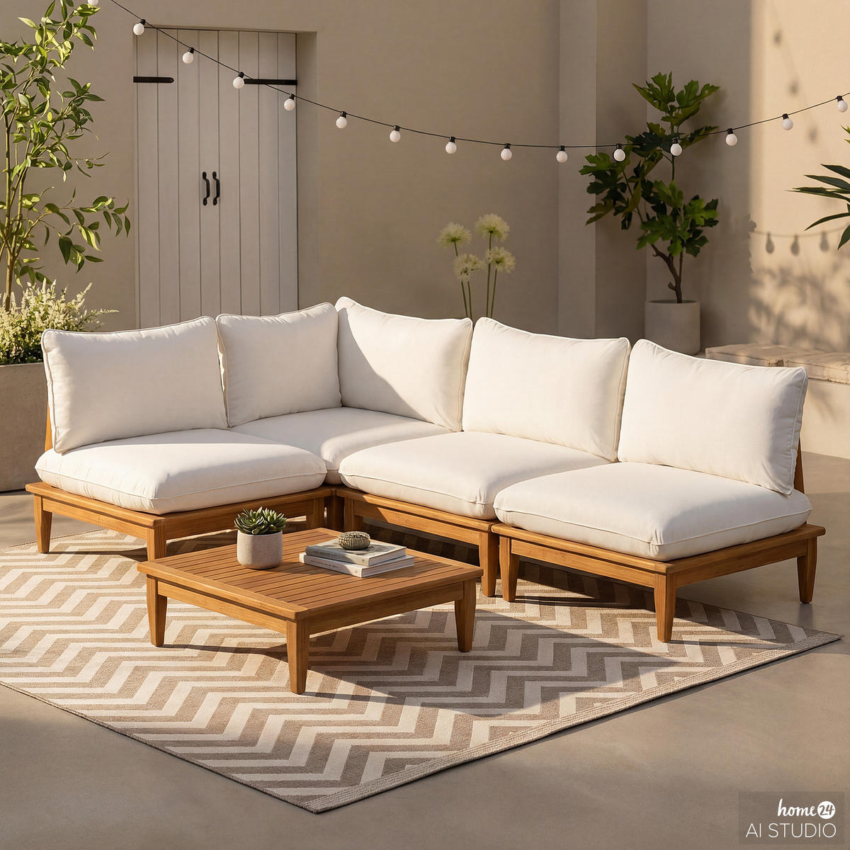 LOUNGEGRUPPE - 5-teilig - Akazie massiv / Webstoff - Akazie Braun / Creme - Creme/Akaziefarben, Holz/Textil - home24