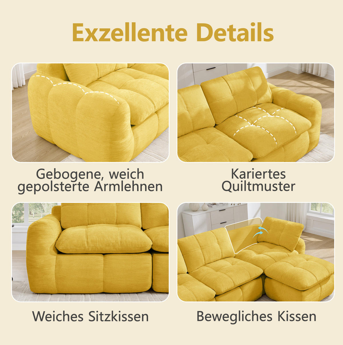 SOFA 194/97/68 cm in Gelb aus Chenille, mit tiefem Sitzkomfort - Gelb, Textil (97/68/194cm) - Flora Grace