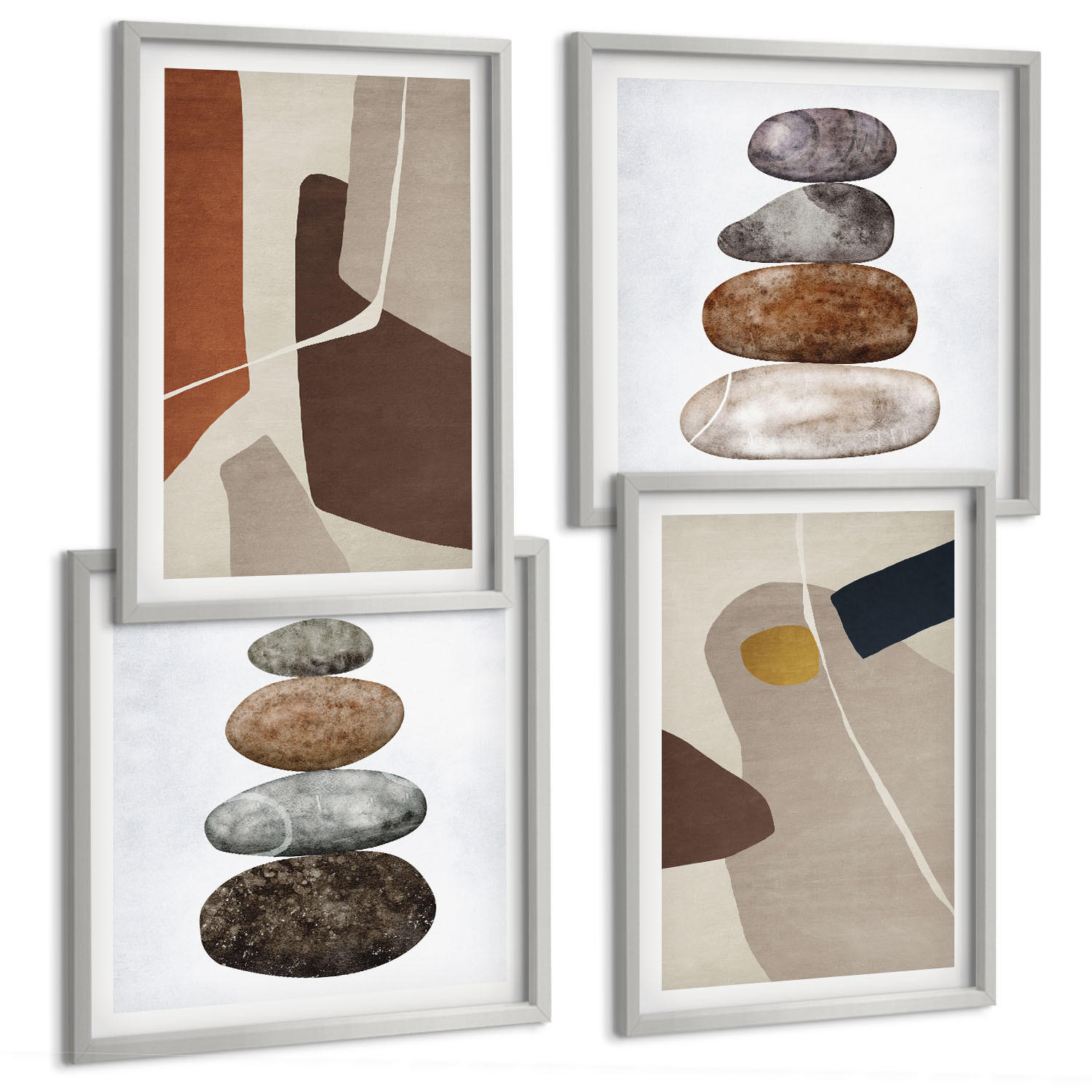 BILDER SET 4er Set - 50x50 cm & 40x60 cm Silberner Rahmen - Abstrakte Boho-Formen - Silberfarben, Kunststoff (50/50cm) - TULUP
