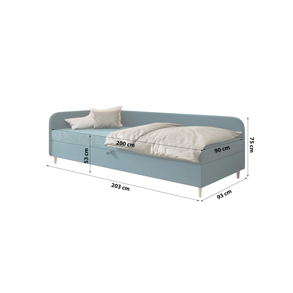 EINZELBETT aus Polyester und Cord Kobbevik Seite Links 90x200 cm, Türkis - Türkis, Textil (90/200cm) - Meblito