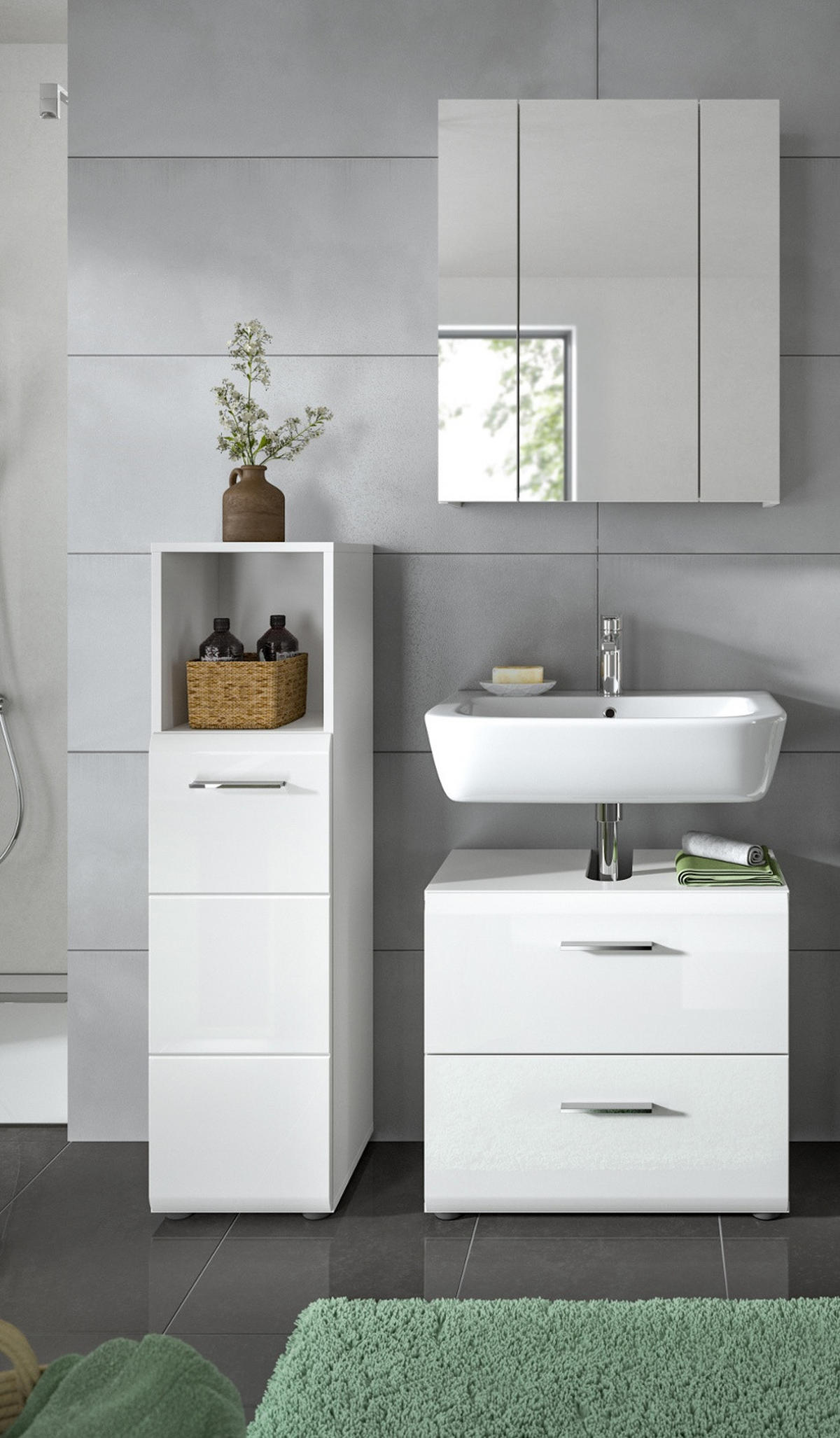 BADMÖBEL-SET 3-teilig weiß Hochglanz, Badkombination mit Spiegelschrank - Weiß Hochglanz/Silberfarben, Glas/Holzwerkstoff (105/185/30cm) - Inn.Furn