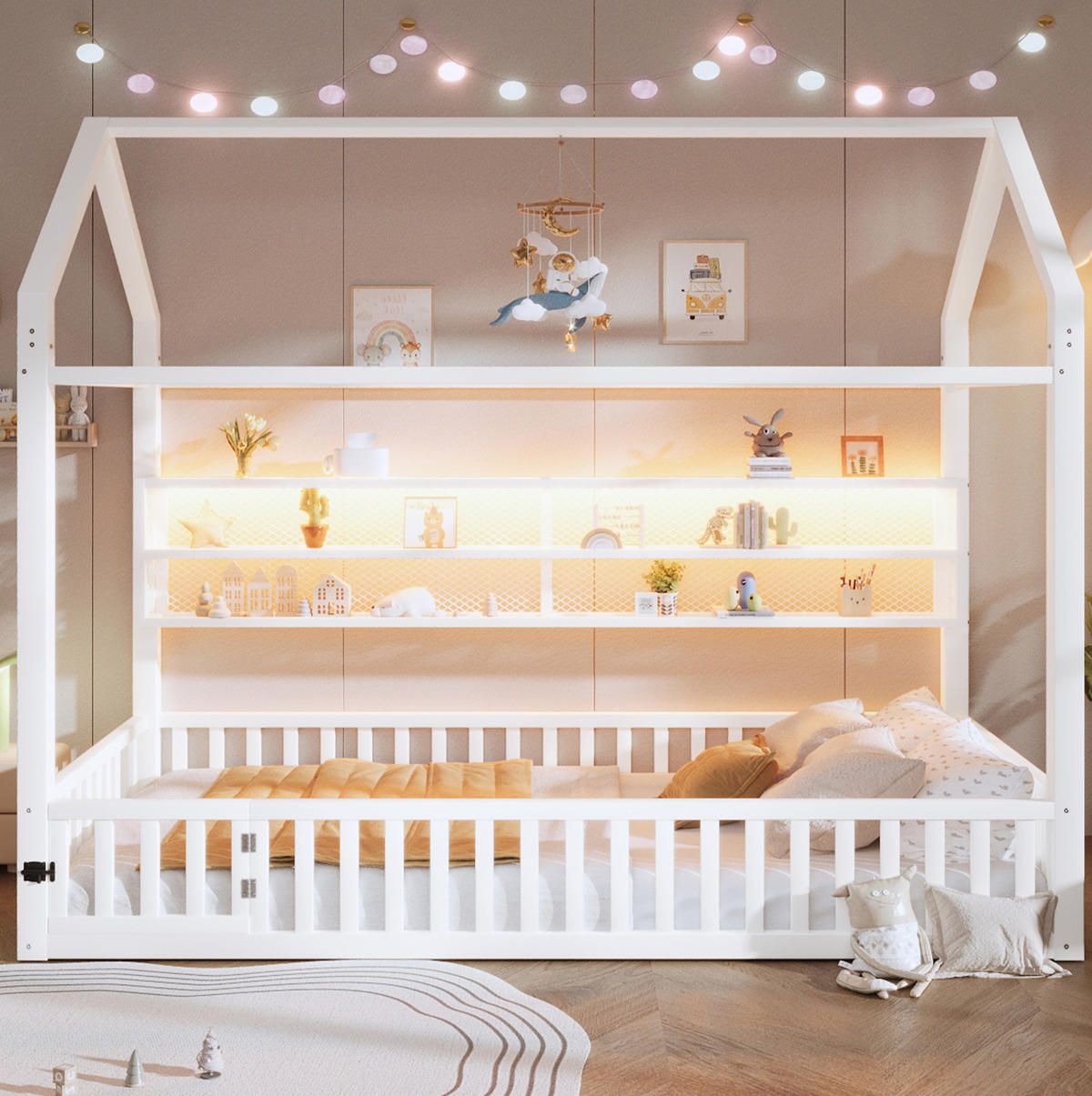 HAUSBETT 90/200 cm weiß aus Metall mit LED-Beleuchtung und Sicherheitszaun - Weiß, Metall (90/200cm) - OKWISH