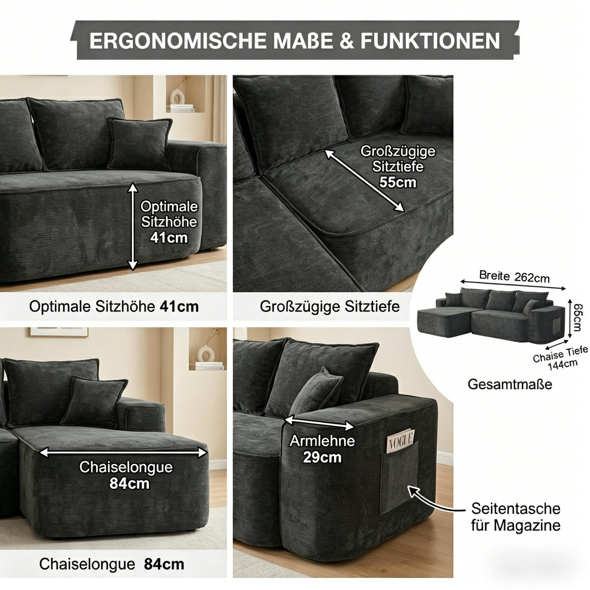 ECKSOFA 262/144/65 cm Schwarz mit Aufbewahrungsbeutel - Schwarz, Textil (262/144cm) - Oxeza