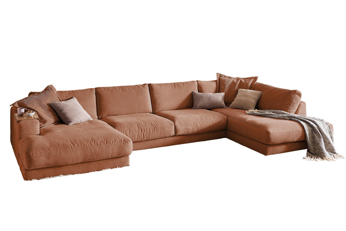 WOHNLANDSCHAFT MADELINE Braun Cord - Rotbraun/Schwarz, Kunststoff/Textil (425/86/224cm) - KAWOLA