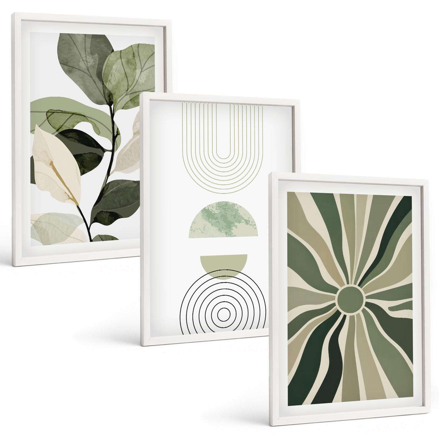 BILDER SET 3er Set - 40x60 cm Weißer Rahmen - Pflanzenmotive, Geometrie, Grün - Weiß, Kunststoff (40/60cm) - TULUP