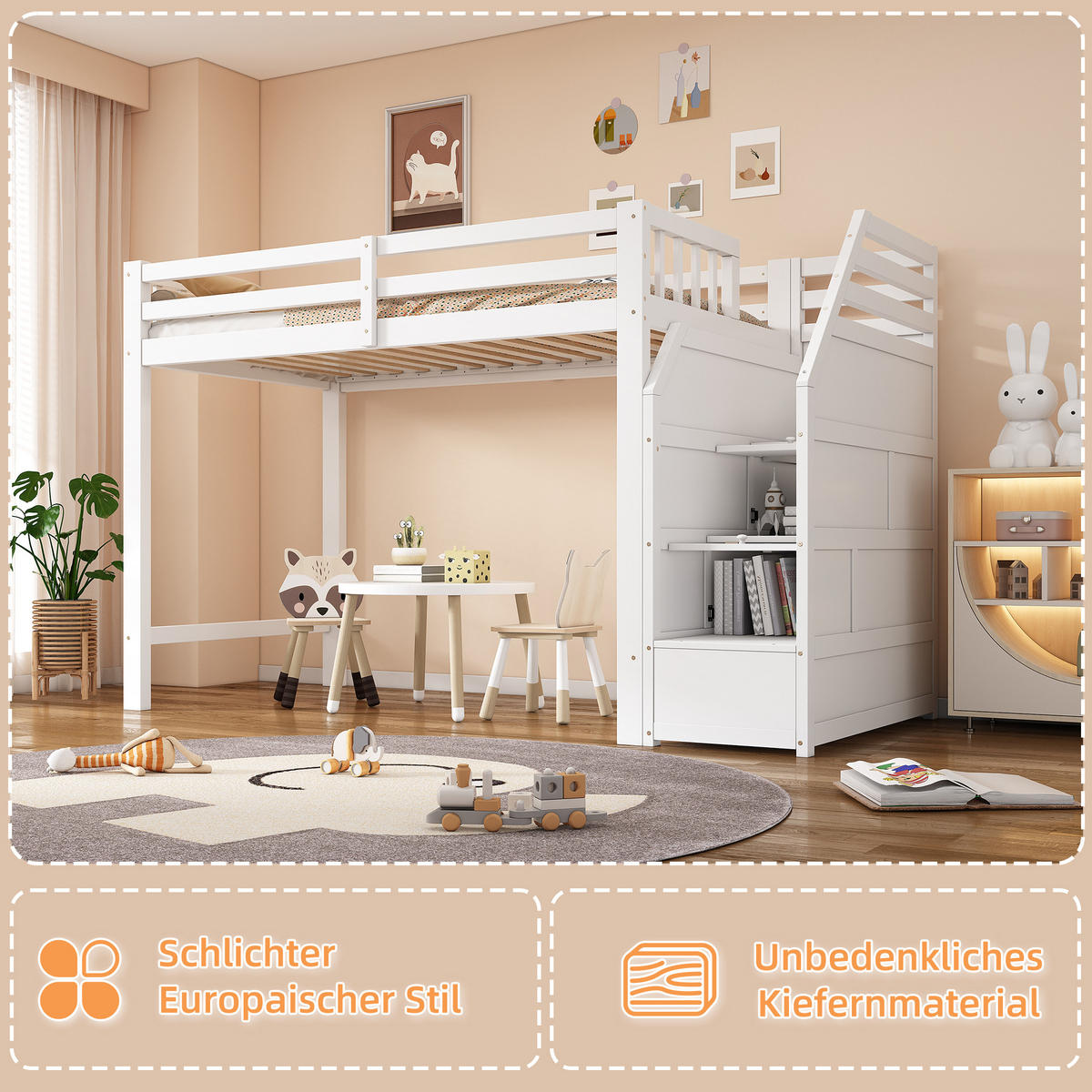 HOCHBETT 90/200 cm Weiß mit Verstaubare Stufen aus Kiefernholz - Weiß, Holz (90/200cm) - OKWISH