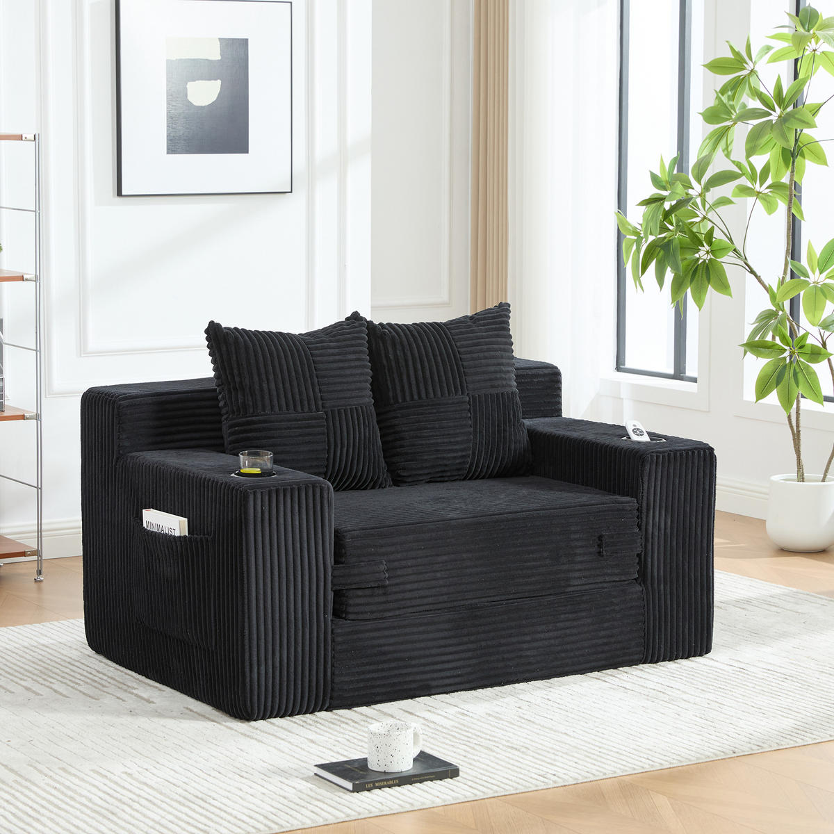 SCHLAFSOFA 2-in-1 mit Hocker, 2 Kissen und Becherhalter, DE-42913, Schwarz - Schwarz, Textil (133/64/87cm) - ComfortXL
