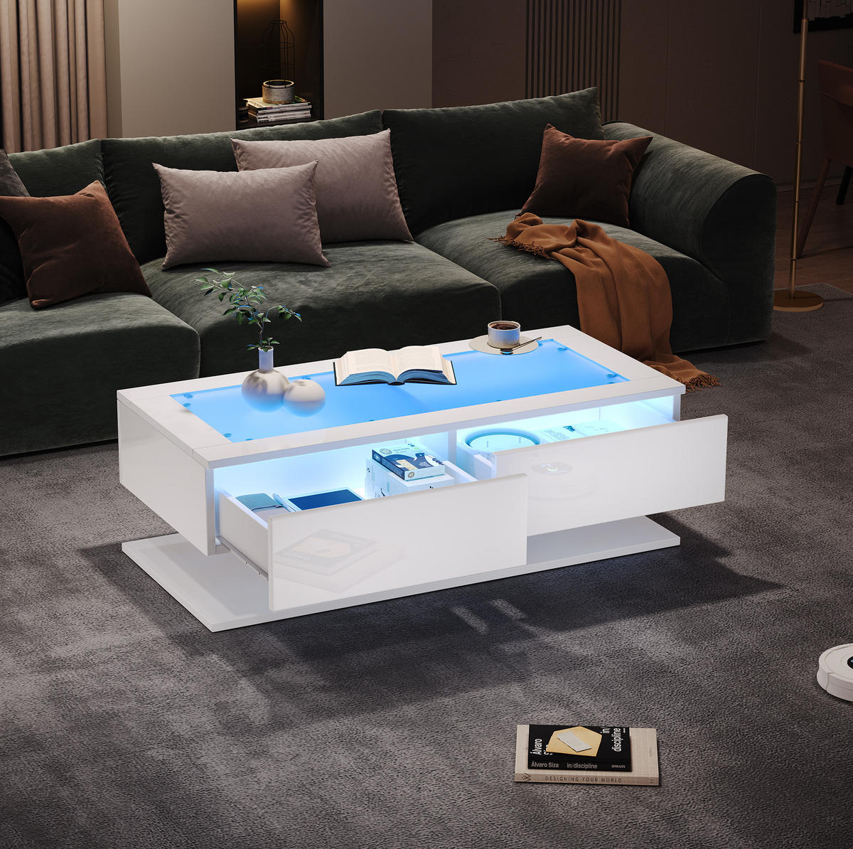 KLUBSKA miza 100/50/35 cm bela visok sijaj s steklom in LED osvetlitvijo - bela, leseni material (100/50/35cm) - BEAOK