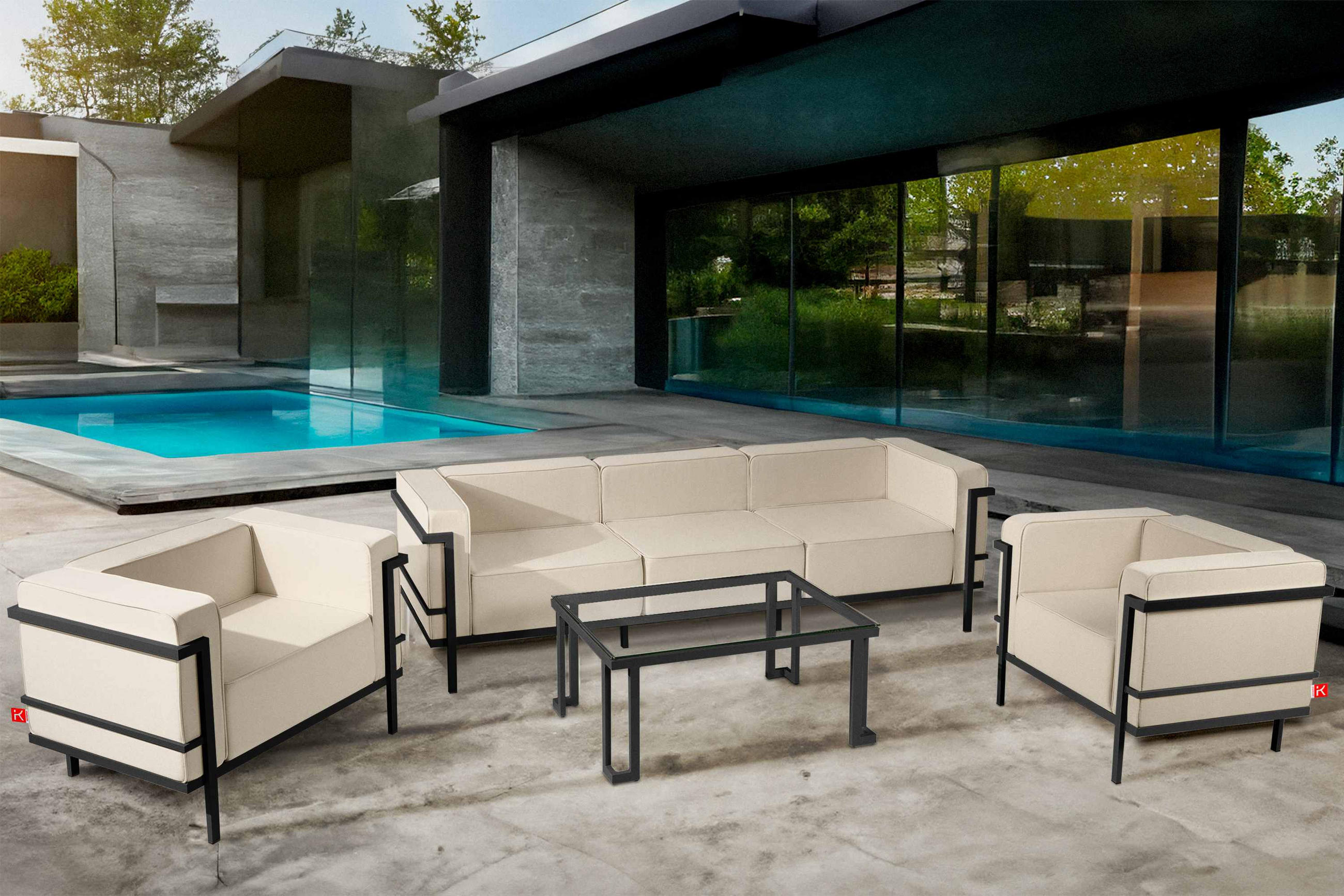 GARTENLOUNGE-SET TRIGLO 1x Tisch, 2x Sessel, 1x Sofa 3-Sitzer, 4-tlg., Modern, Dunkelgrau/Cremeweiß - Creme, Textil/Metall - KONSIMO®