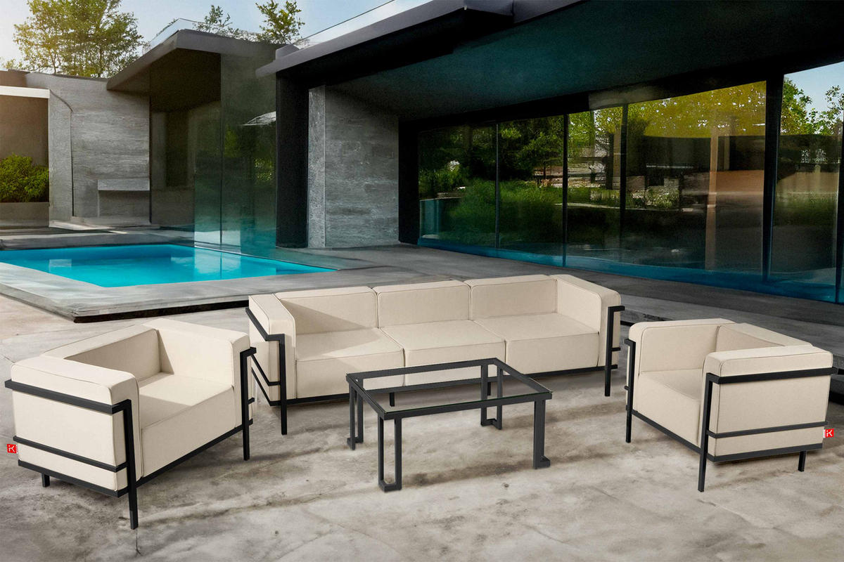 GARTENLOUNGE-SET TRIGLO 1x Tisch, 2x Sessel, 1x Sofa 3-Sitzer, 4-tlg., Modern, Dunkelgrau/Cremeweiß - Creme, Textil/Metall - KONSIMO®
