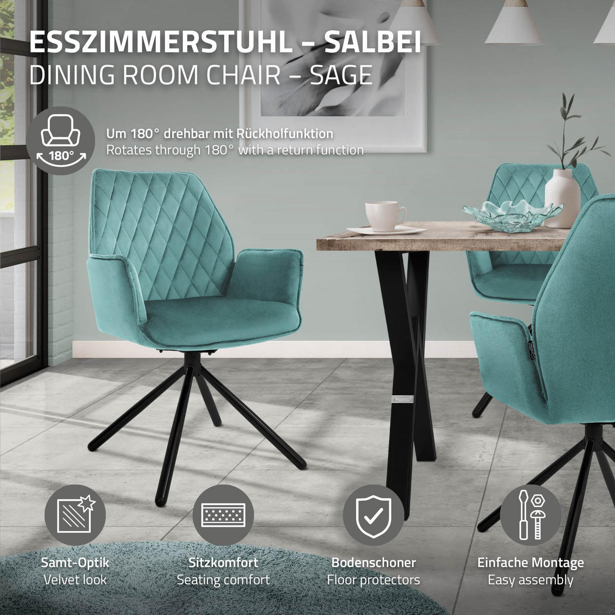 JÍDELNÍ ŽIDLE otočná, šalvějová, samet - modrá/černá, kov (63/90/57cm) - ML-DESIGN