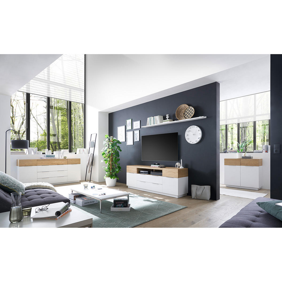 SIDEBOARD - Eiche / Weiß - Echtholzfurnier - Eichefarben/Weiß, Holz/Holzwerkstoff (182/63/40cm) - home24