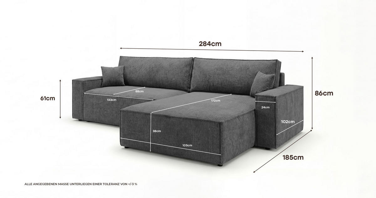 ECKSOFA VIENNA rechts dunkelgrau Cord Poso 60 - Schlaffunktion, Bettkasten - Anthrazit, Textil (285/184cm) - Cornero