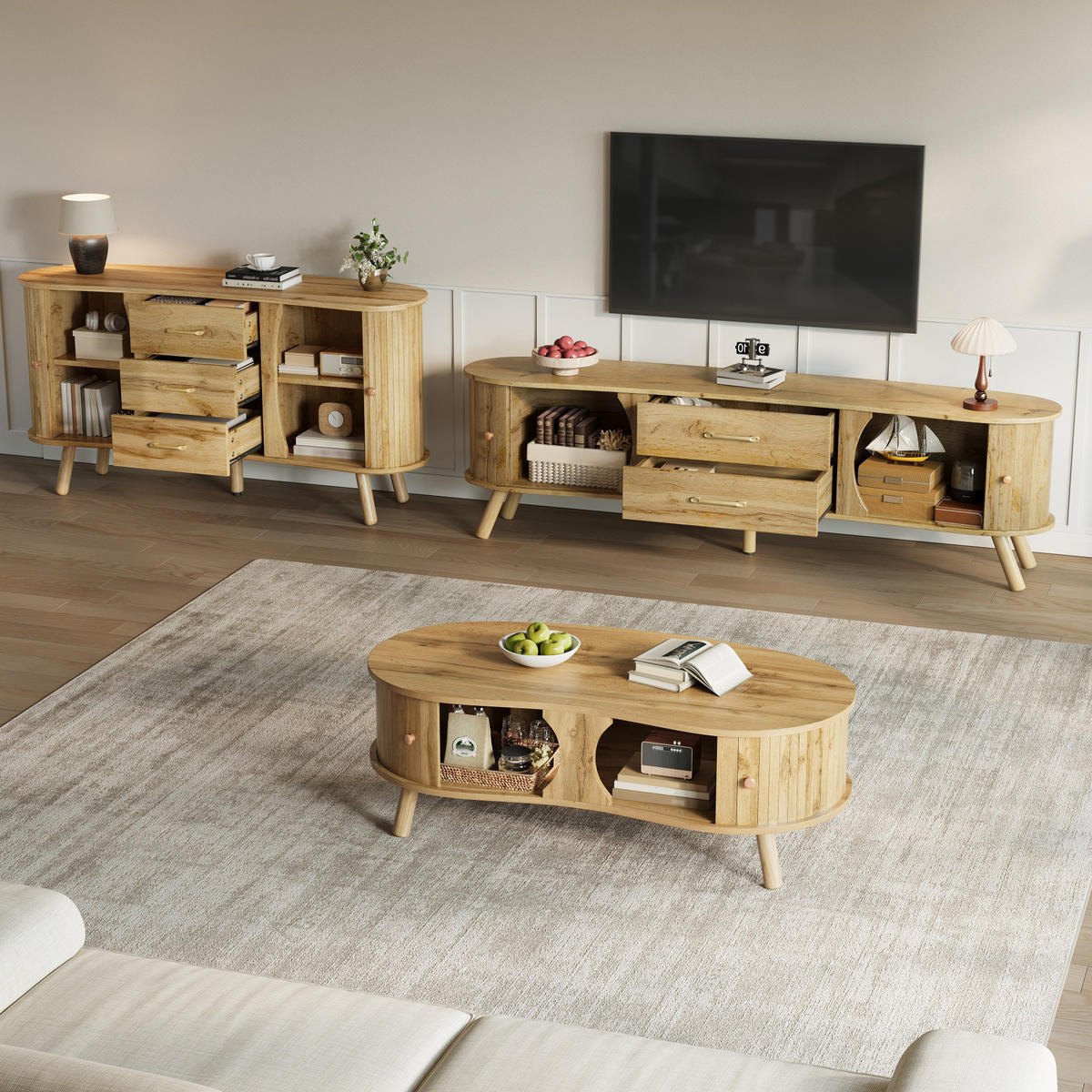 SET LIVING 3 piese masă TV și bufet - culoare naturală, compozit lemnos (160/55/36.5cm) - FLIEKS