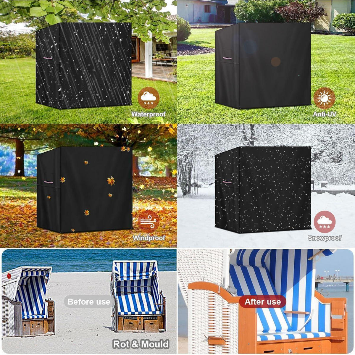 STRANDKORB Abdeckplane 165 x 100 x 165/145 cm Wasserdicht - Schwarz, Kunststoff (165/165/165cm)