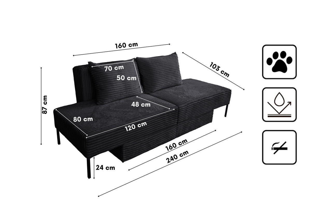 SOFA Mit Schlaffunktion MOOKA 4in1-Multifunktions-System Stoff Velo Schwarz - Schwarz, Holz/Textil (240/87/103cm) - Kaiser Möbel