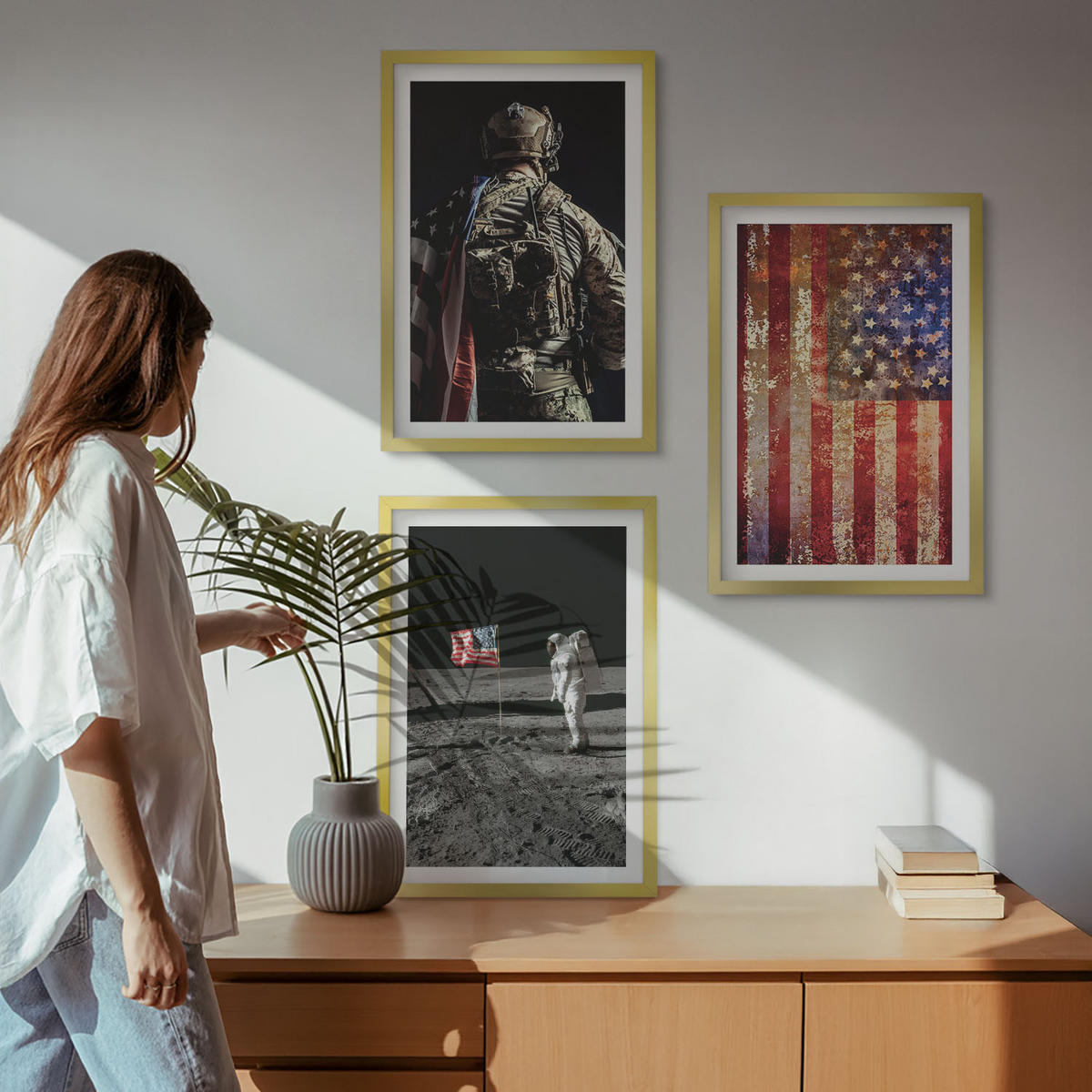 BILDER SET 3er Set - 40x60 cm Goldrahmen - Amerikanische Symbole, USA-Flagge - Goldfarben, Kunststoff (40/60cm) - TULUP