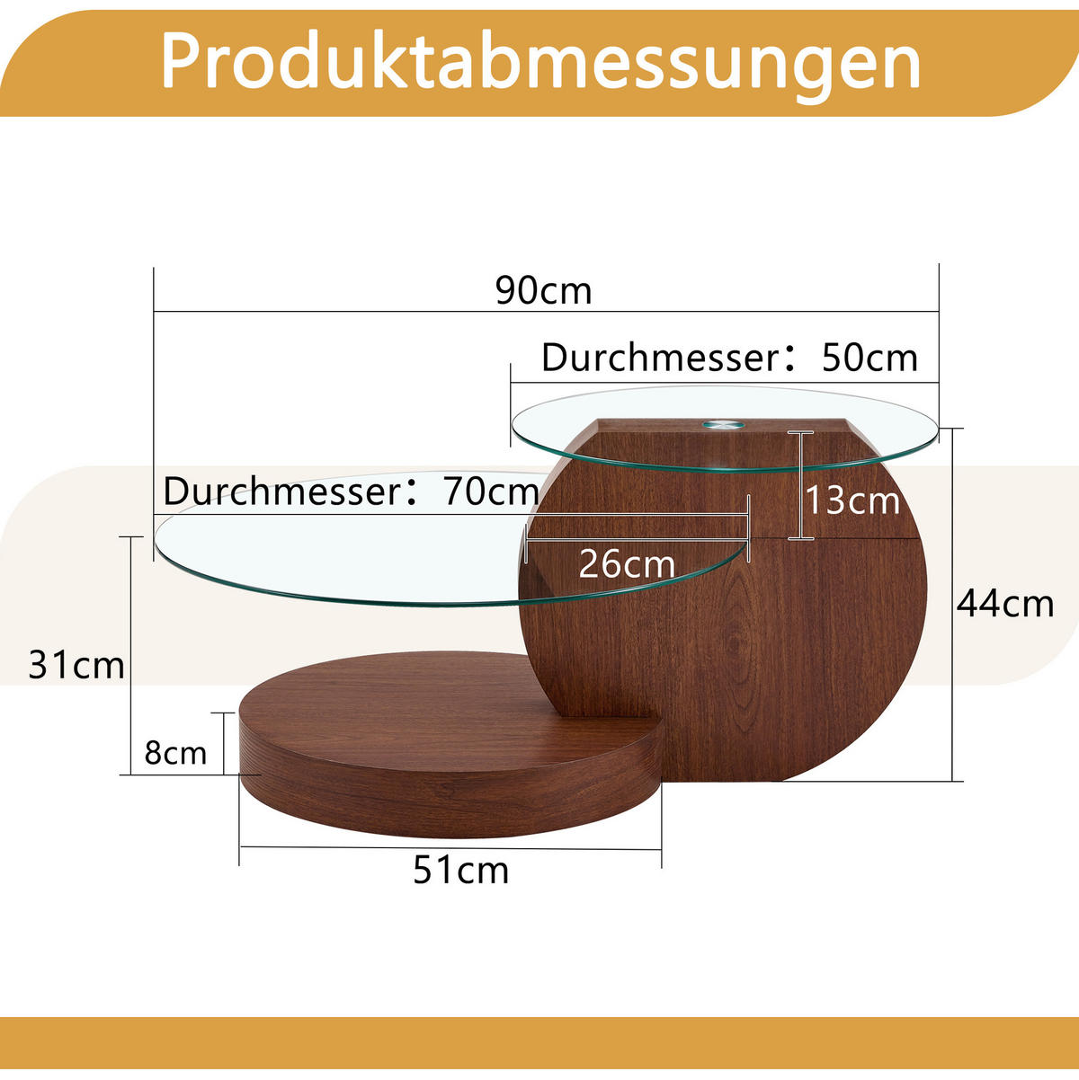 COUCHTISCH mit Glas aus MDF in Walnussoptik mit 2 Ebenen und Sicherheitsglas,70/70/44 cm - Walnussfarben, Holzwerkstoff (70/70/44cm) - Flora Grace