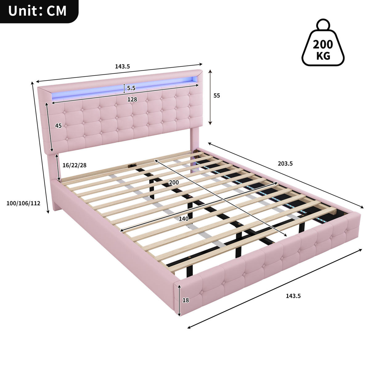 POLSTERBETT mit LED-Beleuchtung 140/200 cm in Rosa mit verstellbarem Kopfteil - Rosa, Leder (140/200cm) - BEAOK