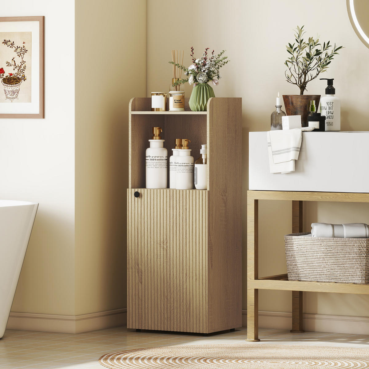 BADEZIMMERSCHRANK Nischenschrank mit Schrank, offen Regal, verstellbar Regal - Eichefarben/Schwarz, Holzwerkstoff/Metall (31/104/40cm) - HOMCOM