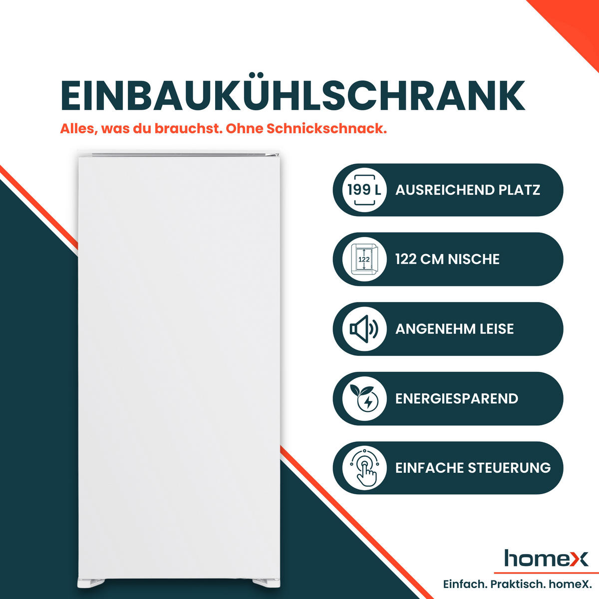 KÜHLSCHRANK Einbau, ohne Gefrierfach, 122cm Nische, 199 Liter, Schlepptürtechnik, 39 dB, CB1991E - Weiß, Glas/Kunststoff (54/123/54cm) - homeX