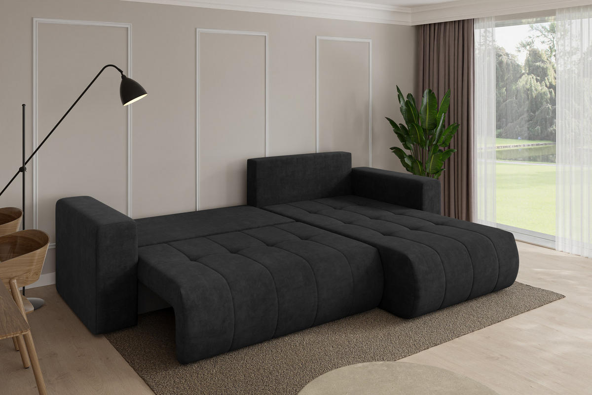 ROHOVÁ SEDAČKA s funkcí spaní, otoman vpravo MILA-L 277x194x86 černá velur - černá, kompozitní dřevo/textil (277/194cm) - ALTDECOR